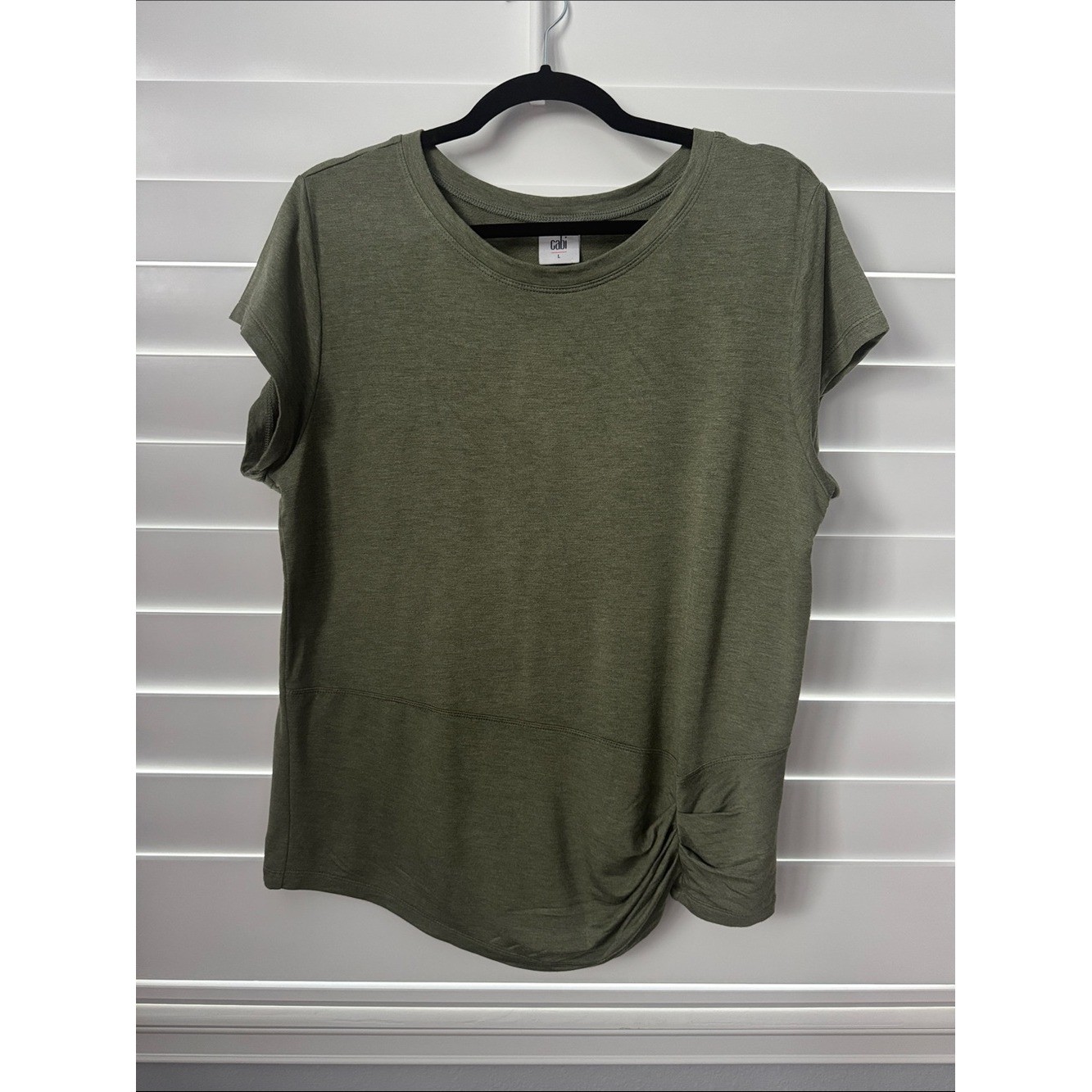 CAbi #8015 Tee Olive Green Large Short Sleeve with Side Ruched Detail CAbi #8015 Tee Olive Green Large Short Sleeve with Side Ruched Detail