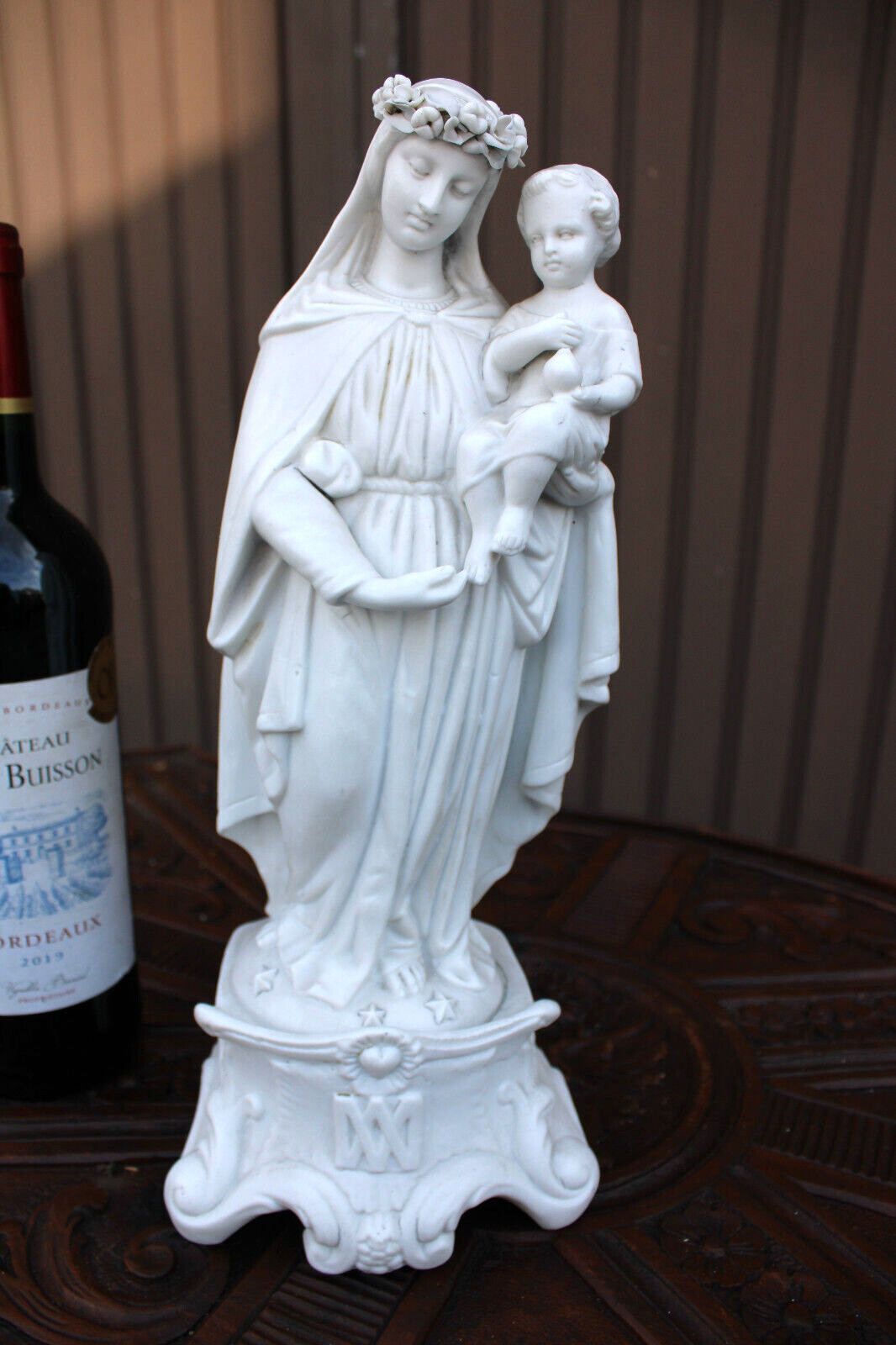 Antique french letu mauger signed bisque porcelain madonna mary child statue Antique french letu mauger signed bisque porcelain madonna mary child statue