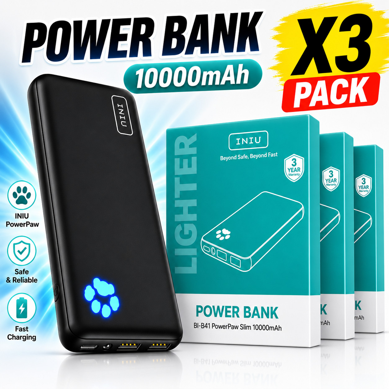 x3 pack INIU 37W Slim Power Bank 10000mAh USB-C Fast Charger x3 pack INIU 37W Slim Power Bank 10000mAh USB-C Fast Charger
