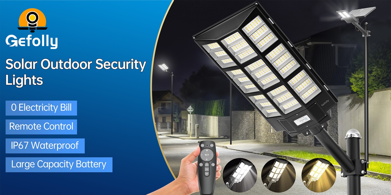 Gefolly Commercial Solar Super Bright Street Lights Outdoor Dusk to Dawn+Pole