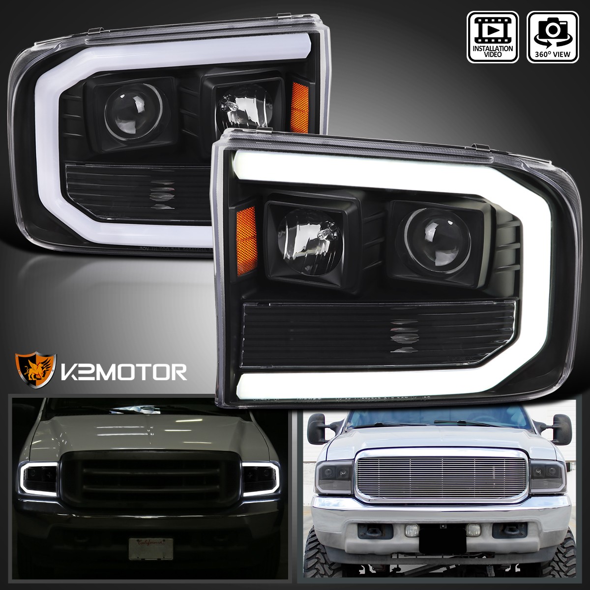 Black Fits 1999-2004 Ford F250 F350 F450 SuperDuty LED Tube Projector Headlights Black Fits 1999-2004 Ford F250 F350 F450 SuperDuty LED Tube Projector Headlights
