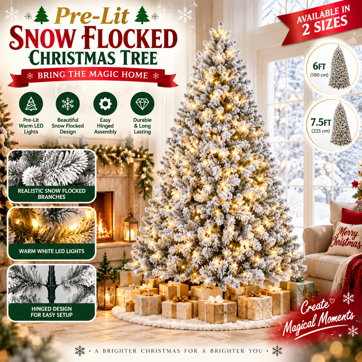 6FT/7.5FT Pre-Lit Snow Flocked Artificial Christmas Tree Warm LED Lights Hinged 6FT/7.5FT Pre-Lit Snow Flocked Artificial Christmas Tree Warm LED Lights Hinged
