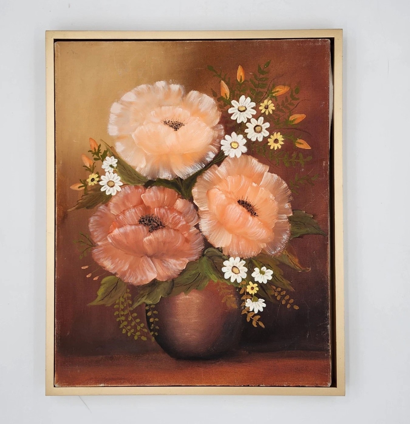 Vintage Mid-Century Peony Original Oil Painting Framed Floral Still Life Art 