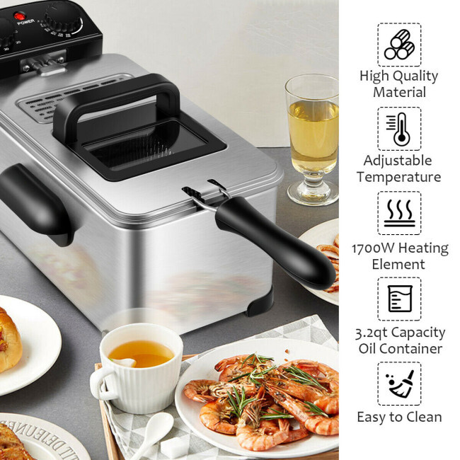 Electric Stainless Steel Easy to Clean Deep Fryer with Timer 3.2 Quart Qapacity Electric Stainless Steel Easy to Clean Deep Fryer with Timer 3.2 Quart Qapacity