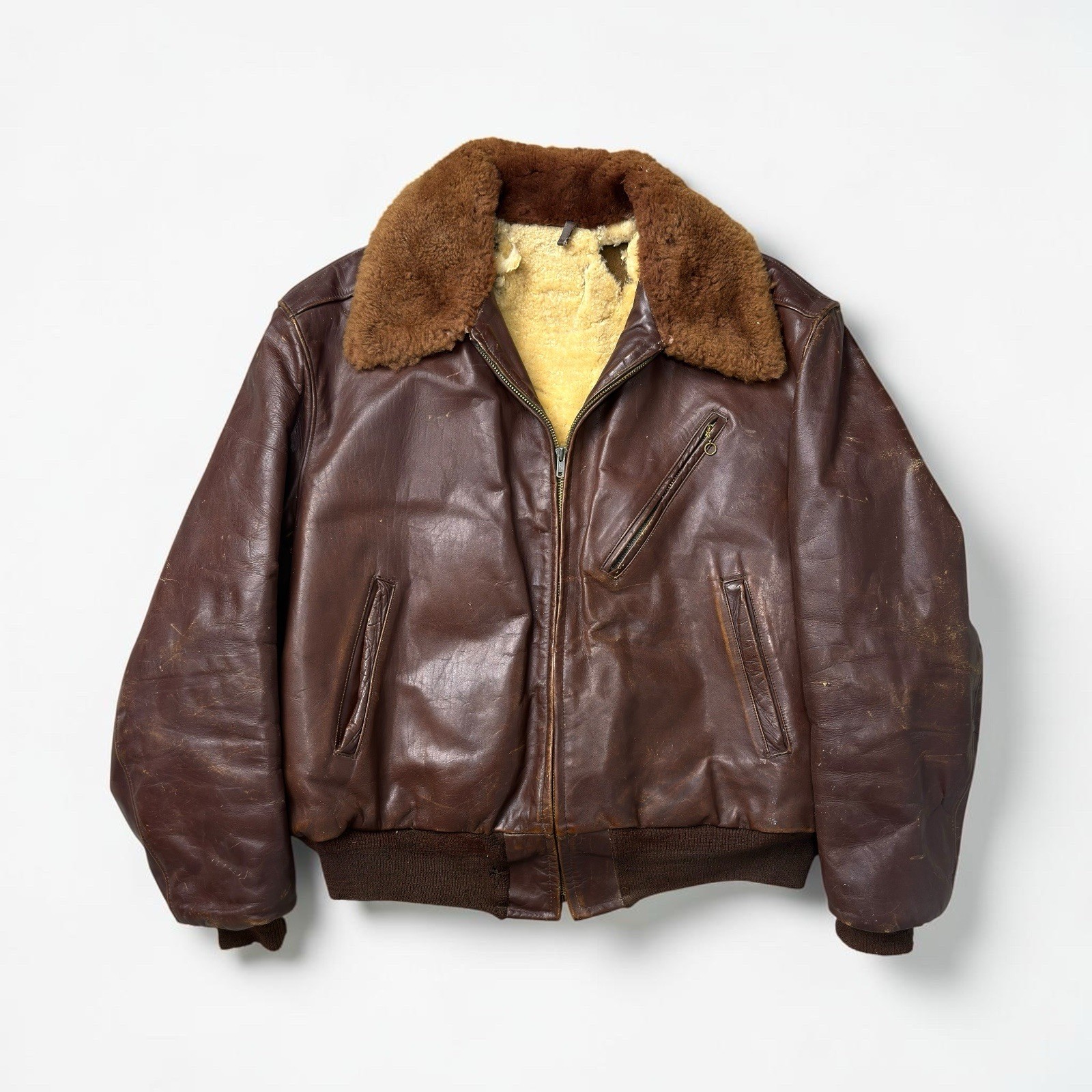 Vintage 50s 60s American Sportswear Leather Bomber Flight Jacket Shearling Sz 48 Vintage 50s 60s American Sportswear Leather Bomber Flight Jacket Shearling Sz 48