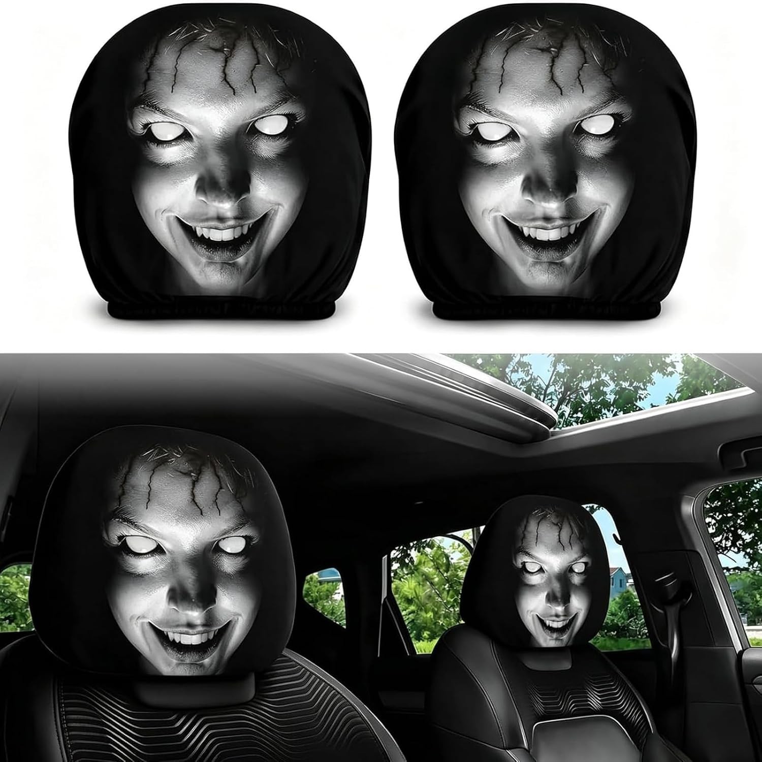 2PCS Ghost Face Headrest Covers, Scary Face Printing Auto Seat Universal Elast.. 2PCS Ghost Face Headrest Covers, Scary Face Printing Auto Seat Universal Elast..