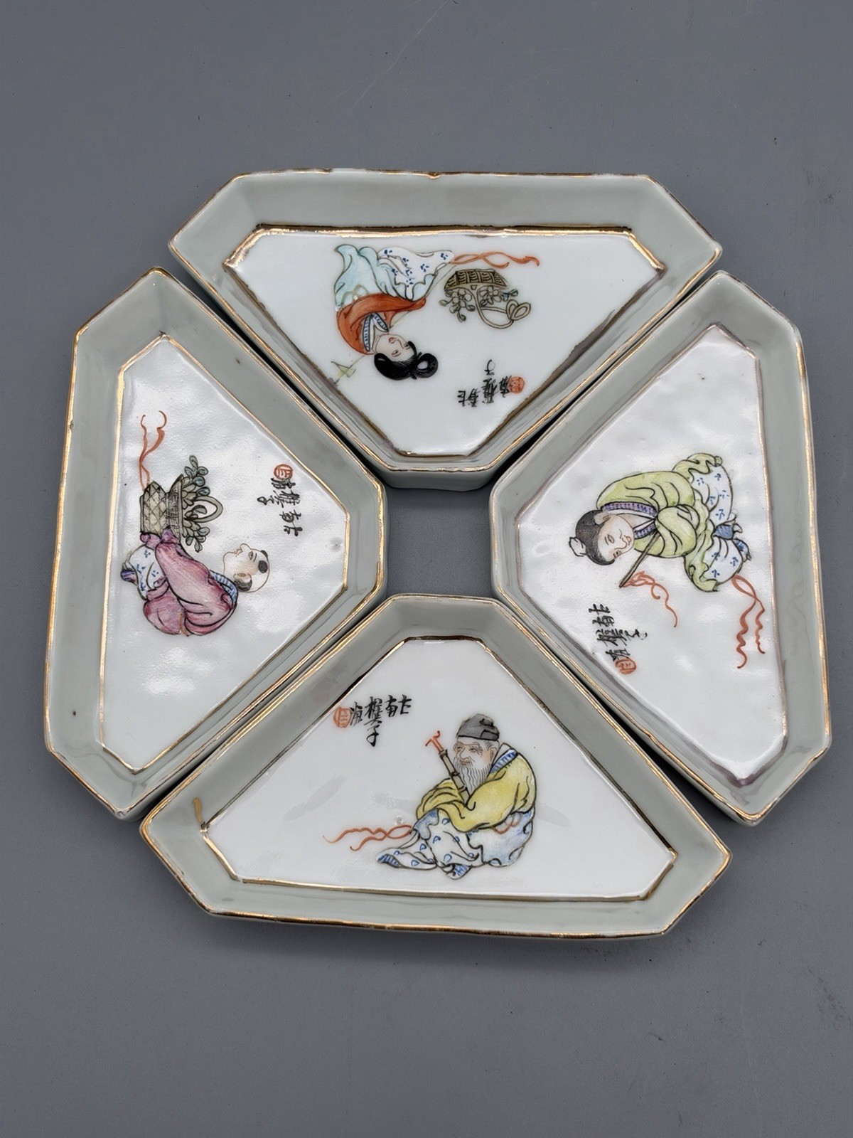 Antique Chinese Republic Period Style Hand Painted Famille Rose Dishes Set of 4