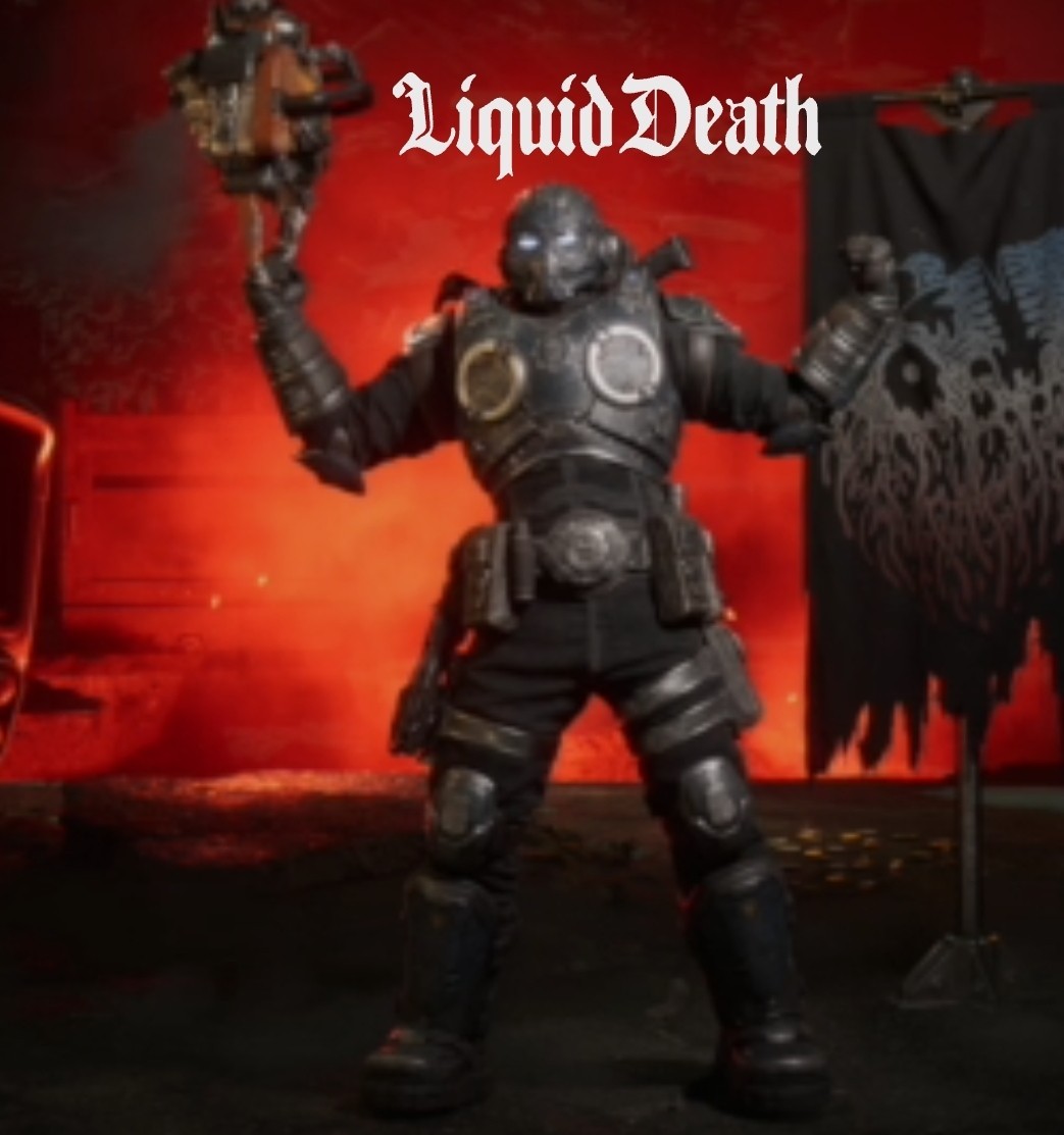 Liquid Death Gears of War E-Day Chainsaw Pose, Banner & Emblem XBOX