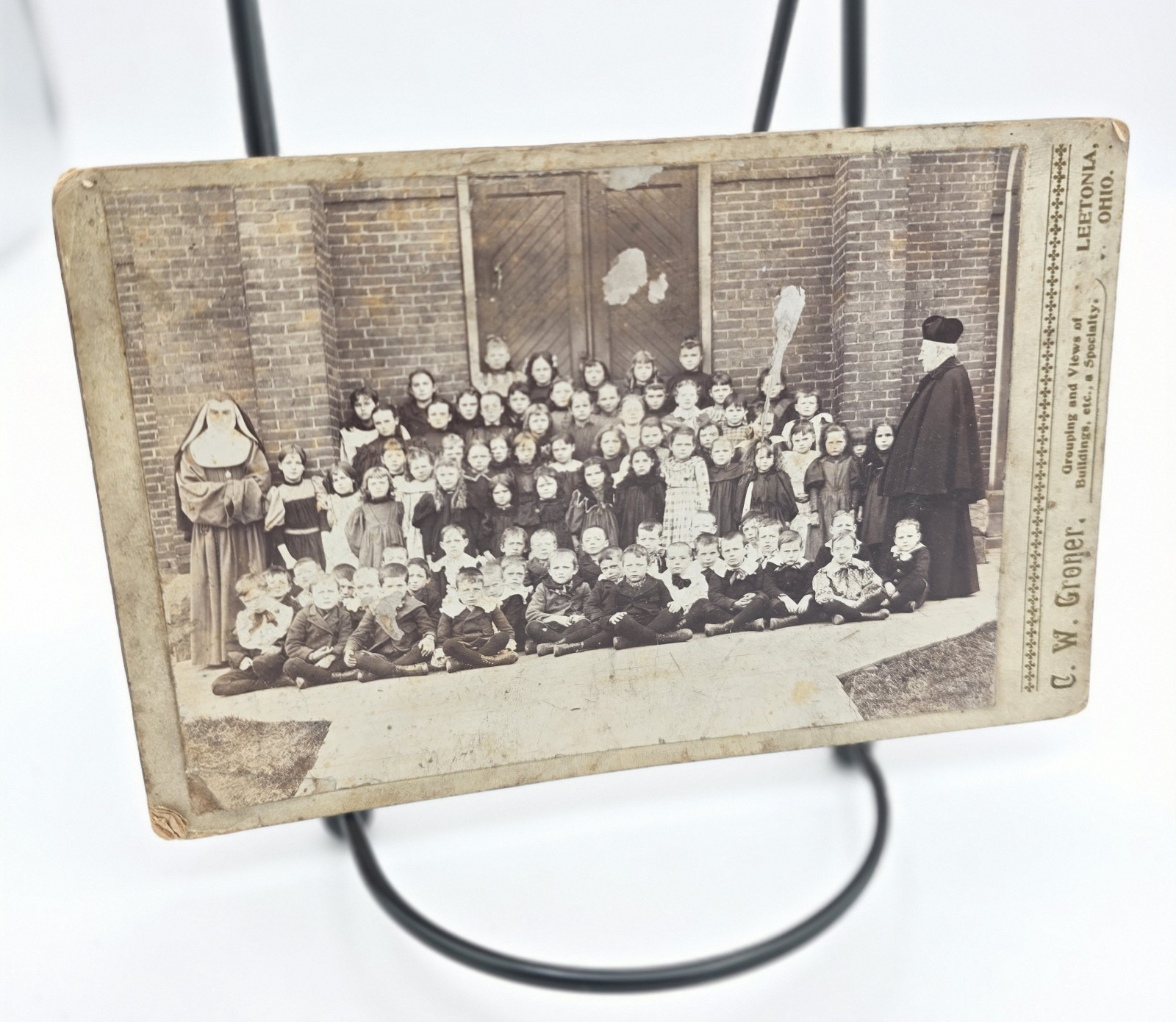 Antique 1890s Cabinet Card Photo Leetonia OH Catholic School Nun Priest