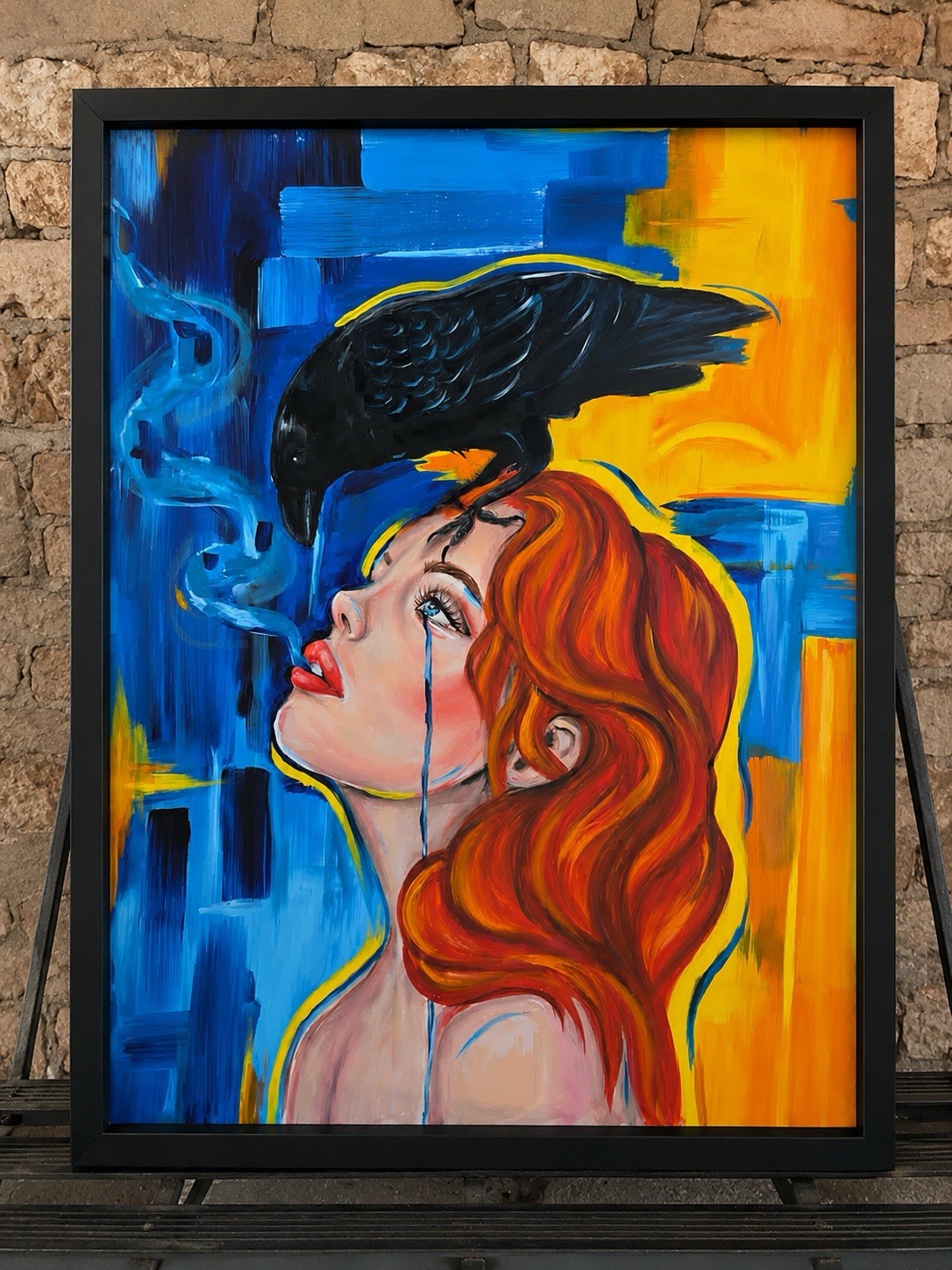 Original Acrylic Painting ‘Woman with Crow’ Home Decor Art 24”x36” 