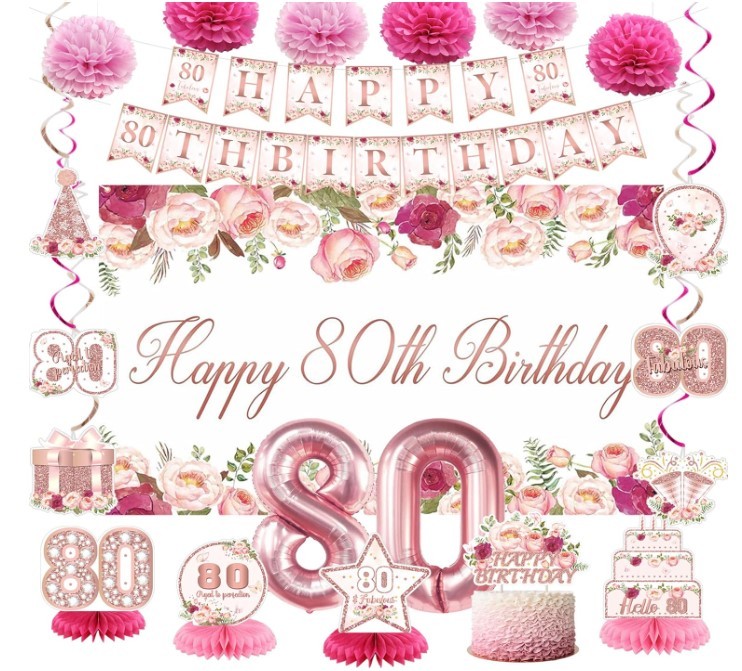 Flower 80th Birthday Decorations for Women, Rose Gold 80th Birthday Backdrop ...