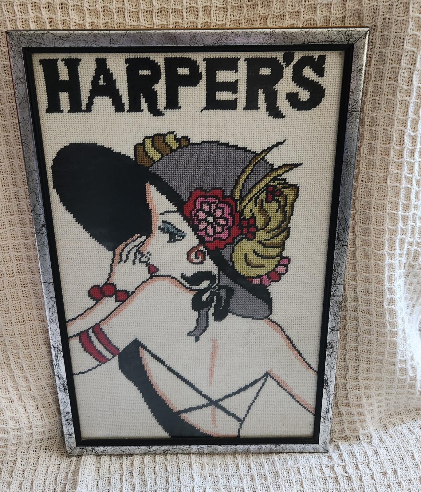 Vintage Harper\'s Bazaar Magazine Framed Art Deco Needlepoint 18.5 x 12 x .5 In Vintage Harper\'s Bazaar Magazine Framed Art Deco Needlepoint 18.5 x 12 x .5 In