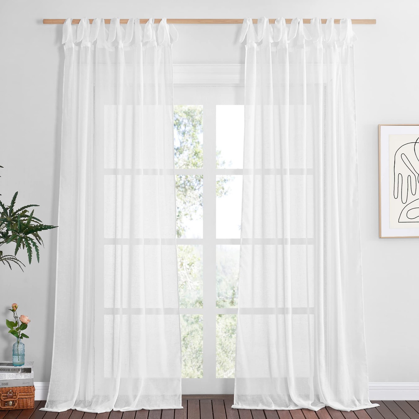 NICETOWN White Linen Sheer Curtains 84 inch Long 2 Panels, Adjustable Tie Top DI NICETOWN White Linen Sheer Curtains 84 inch Long 2 Panels, Adjustable Tie Top DI