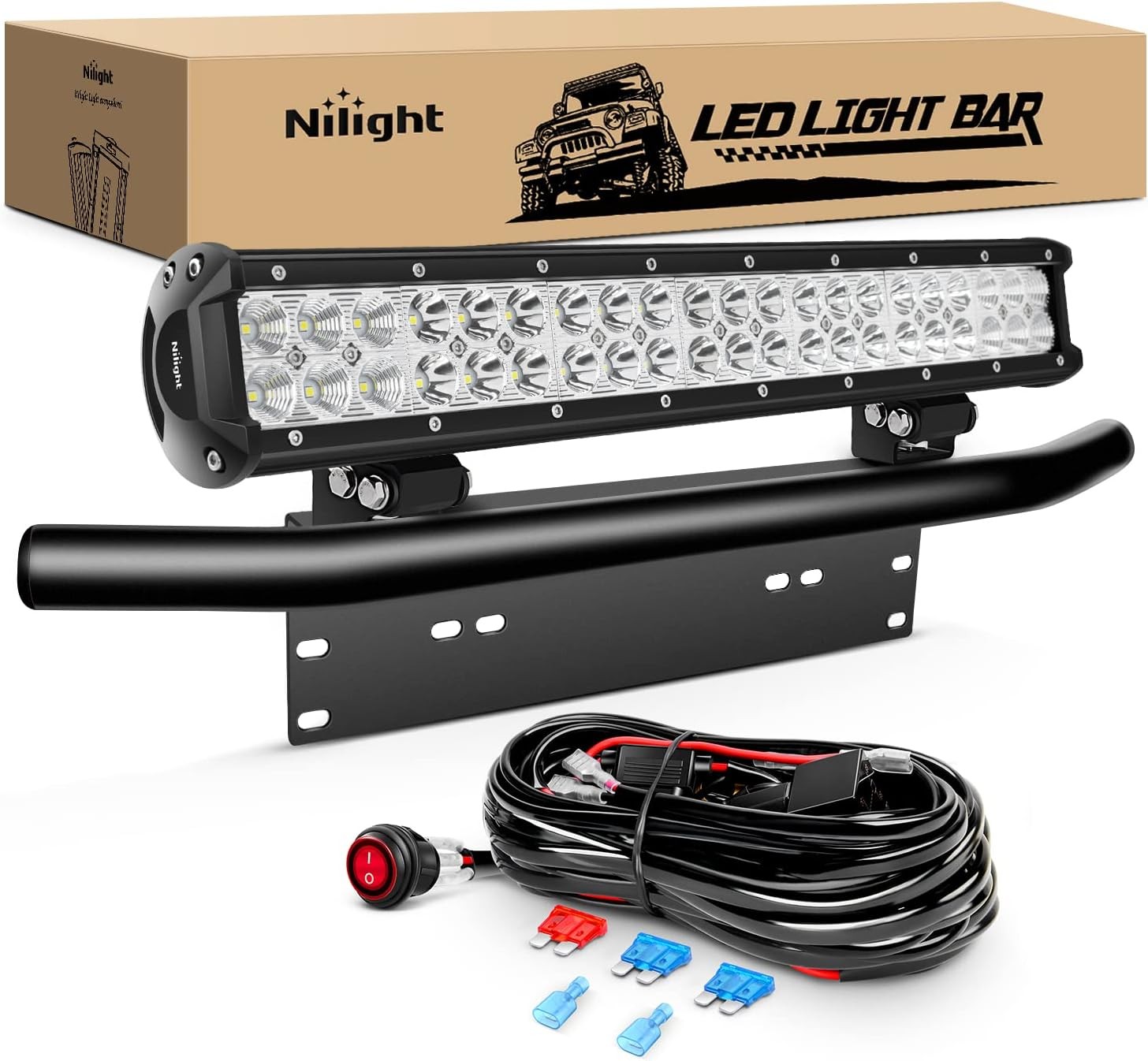 Nilight LED Light Bar 20Inch 126W Combo and Front License Plate Mounting Bracket