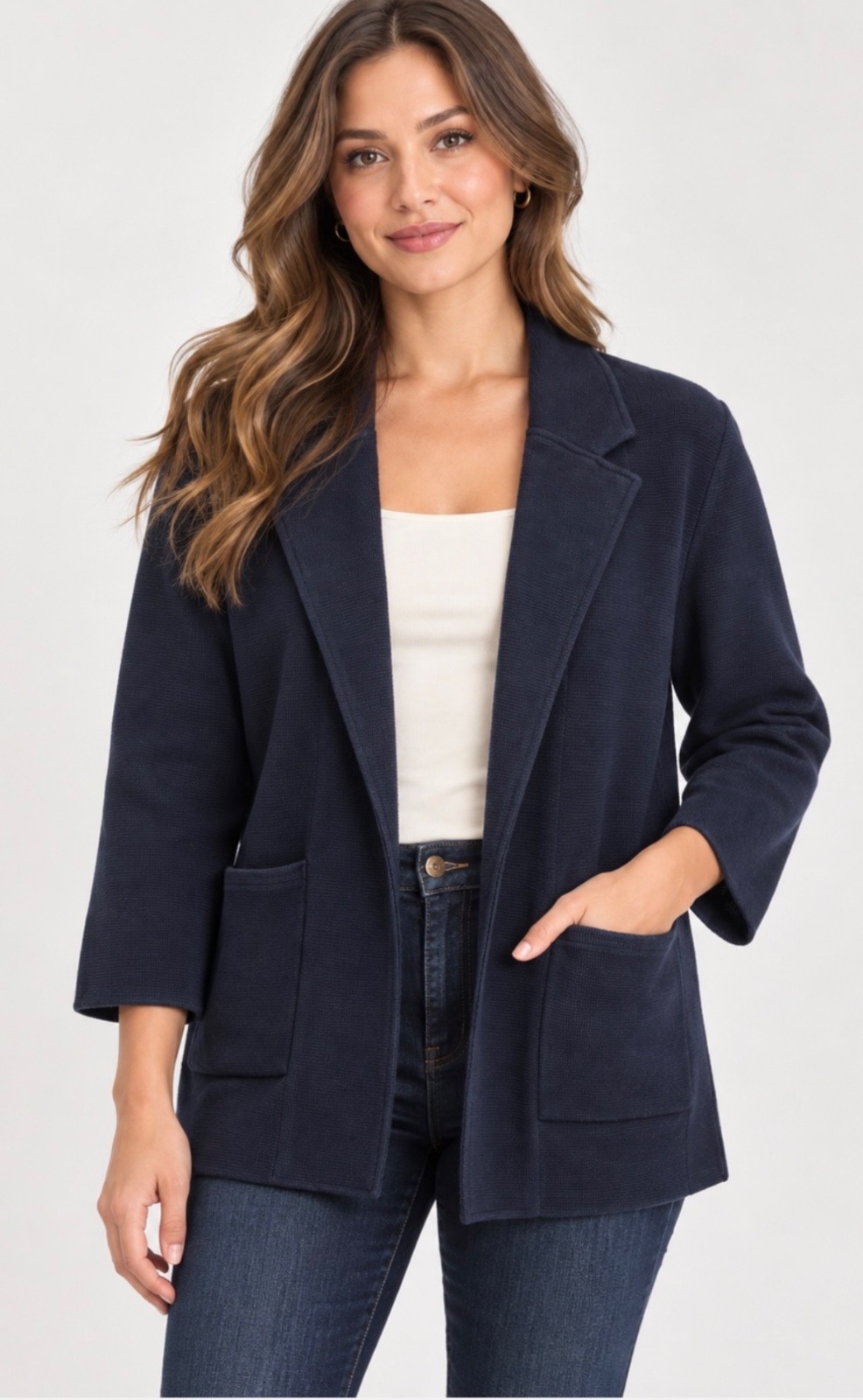 Quince Women\'s Navy Blue Knit Open Front Blazer Jacket Notch Lapel Patch Pockets Quince Women\'s Navy Blue Knit Open Front Blazer Jacket Notch Lapel Patch Pockets