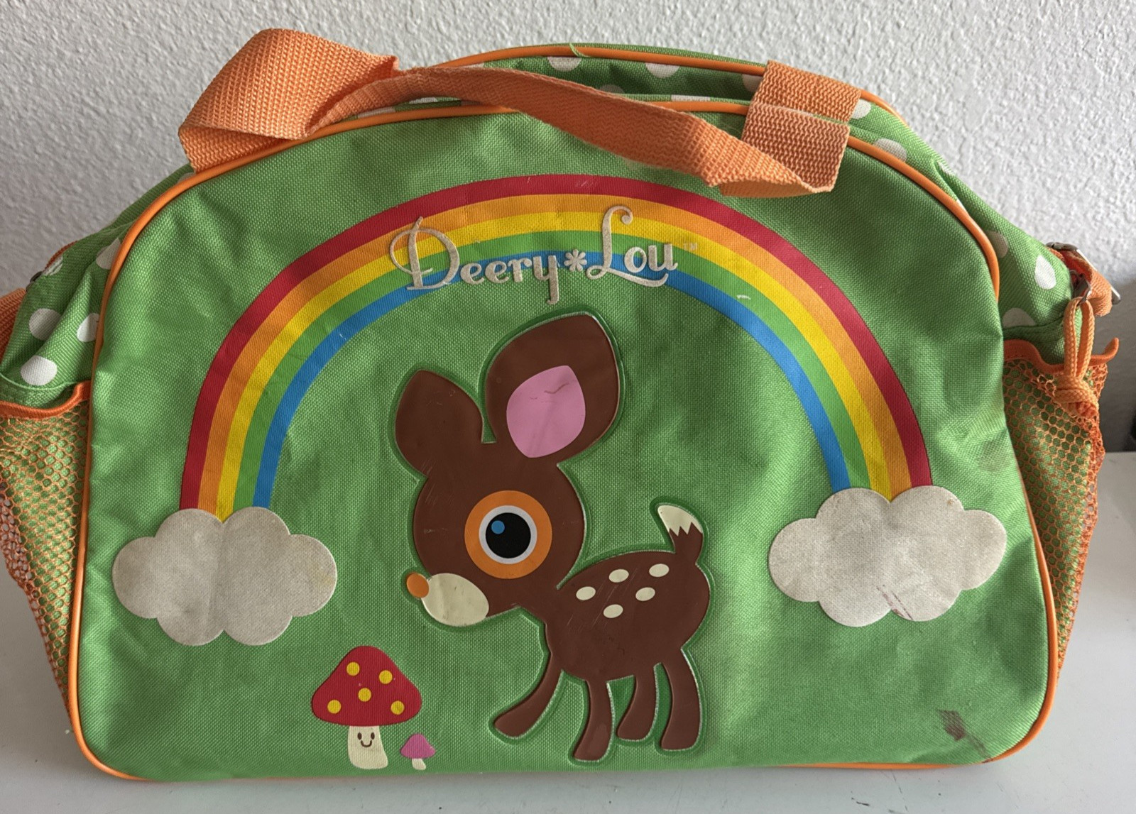 Vintage Sanrio Deery Lou overnight travel Duffle Bag Fixer green rainbow 16'' Vintage Sanrio Deery Lou overnight travel Duffle Bag Fixer green rainbow 16''