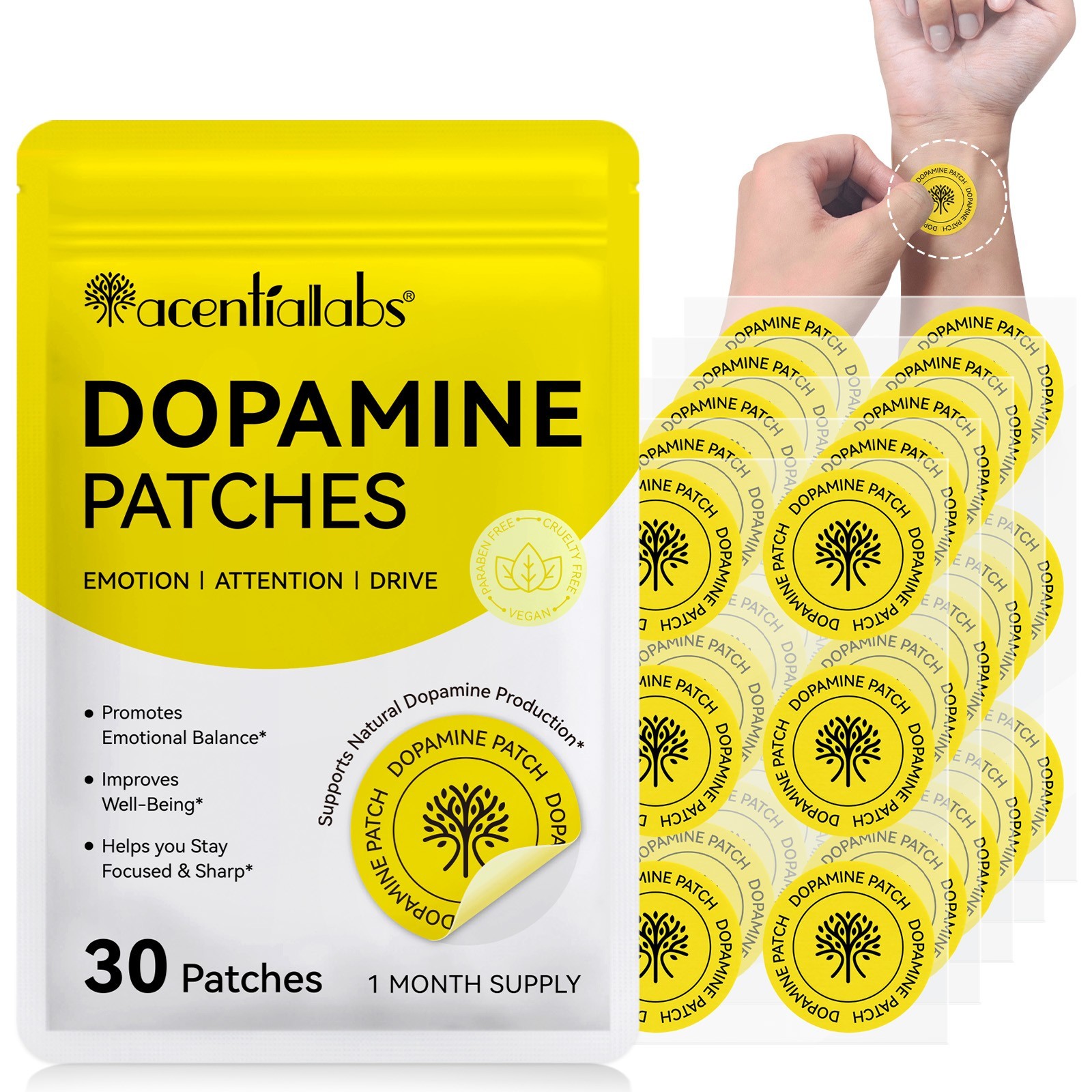 ACENTIALABS Dopamine Support Patches | Mood, Focus & Mental Clarity | 30 Cts