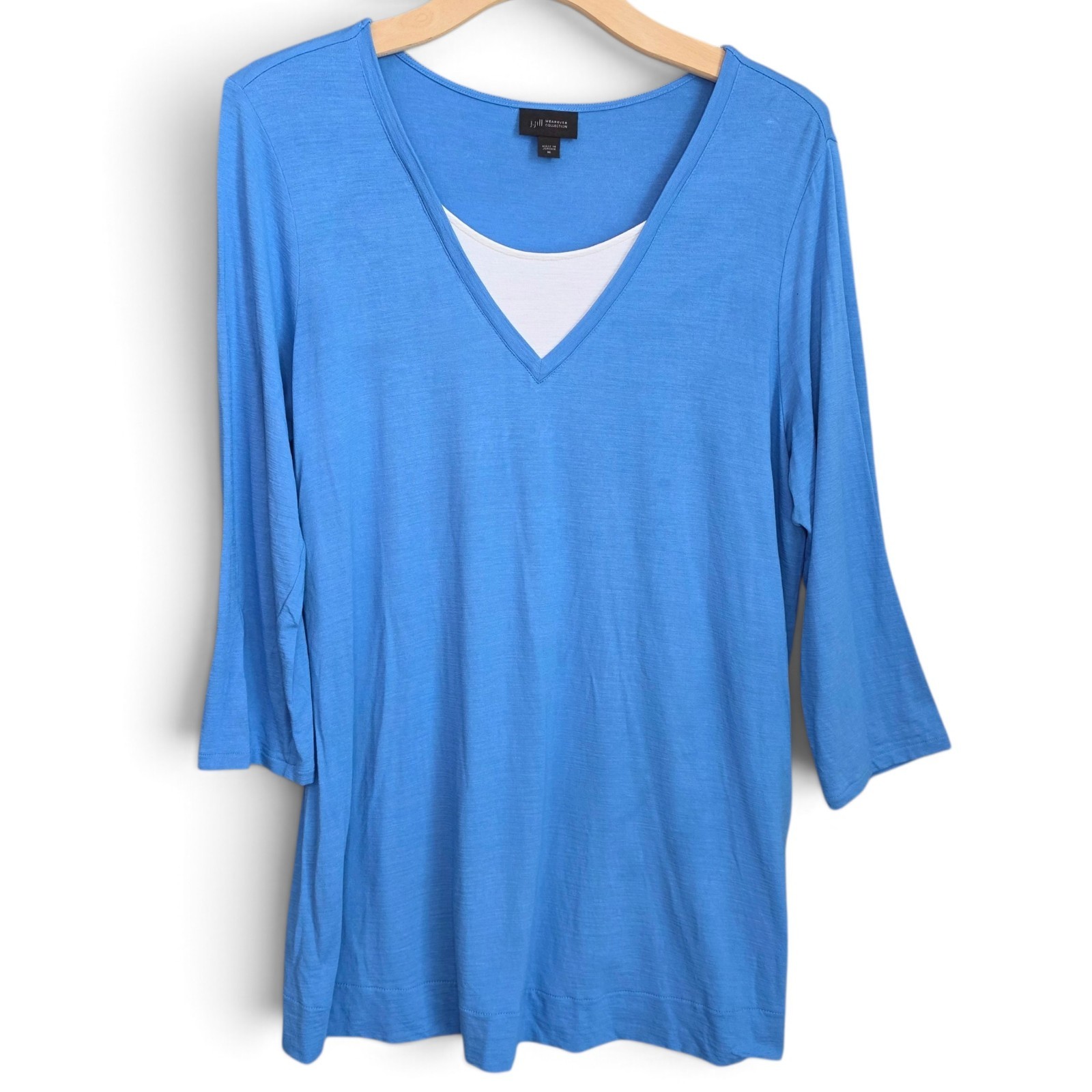 J Jill Top Womens Medium Blue Wearever Collection Layered V Neck 3/4 Sleeve