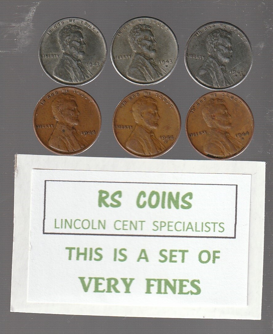 1943 / 1943D / 1943S / 1944 / 1944D / 1944S ~ 6 coin  VERY FINE LINCOLN CENT SET