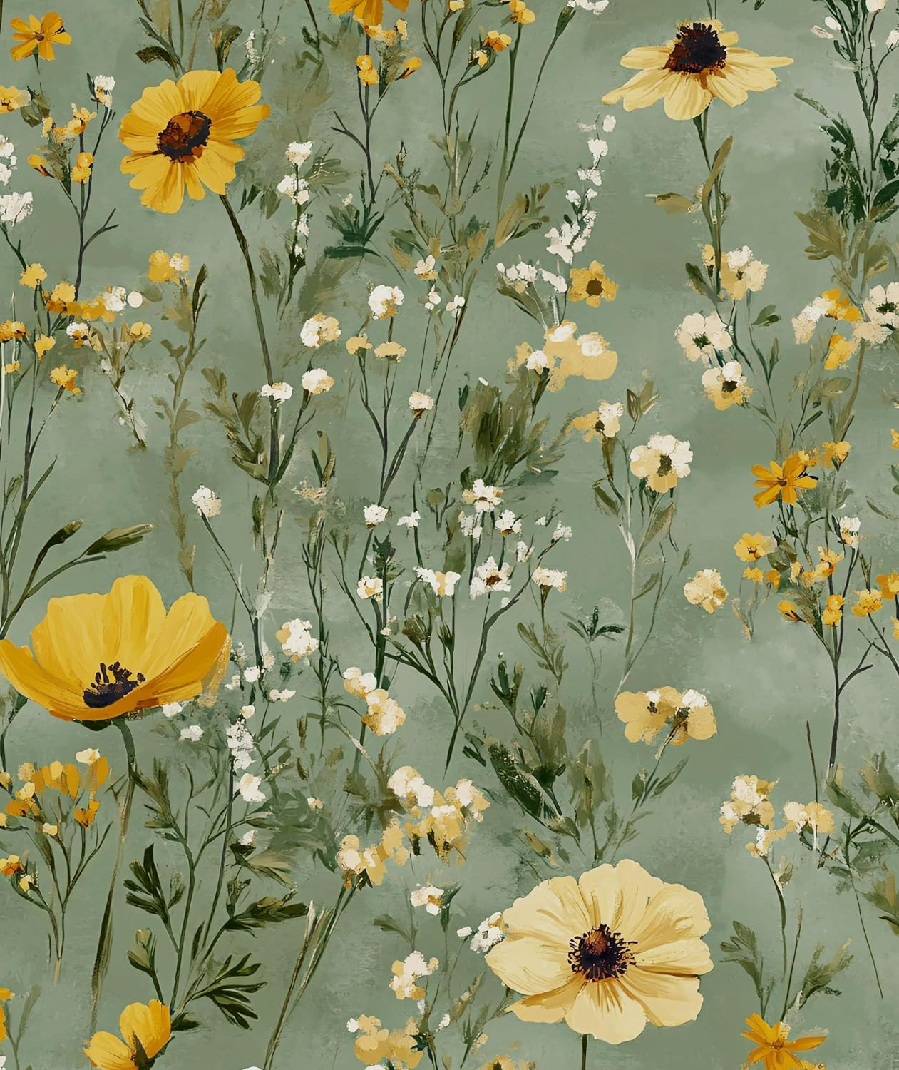 Vintage Green Yellow Daisy Floral Botanical Wallpaper 17.5\