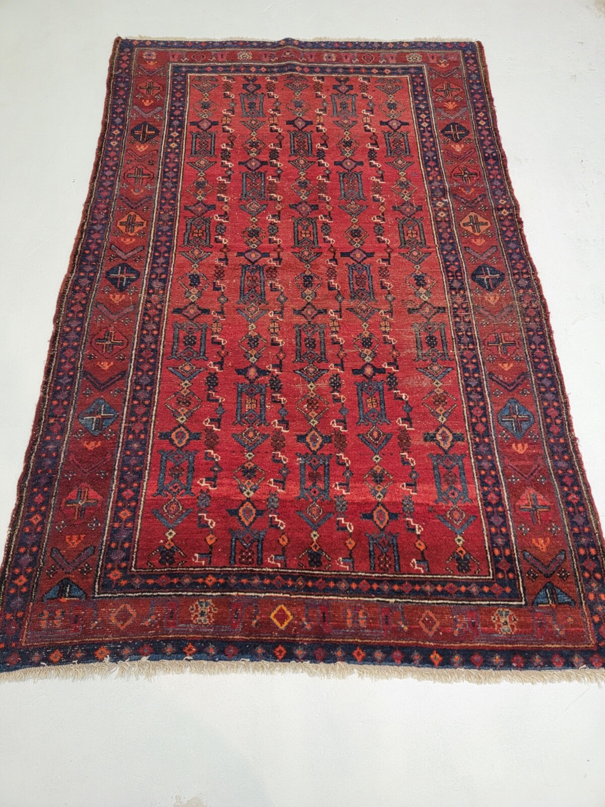 Antique Oriental Hand-Knotted Wool Area Rug Some Wear Red/Blue 4\'3\