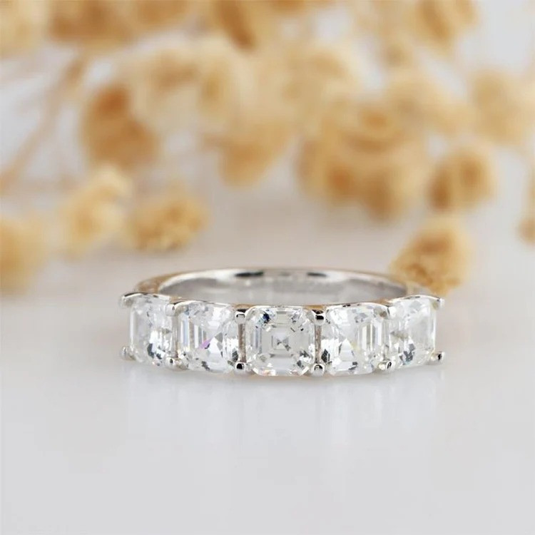 6.00TCW Asscher Moissanite Five Stones Engagement Ring In 14K White Gold Plated
