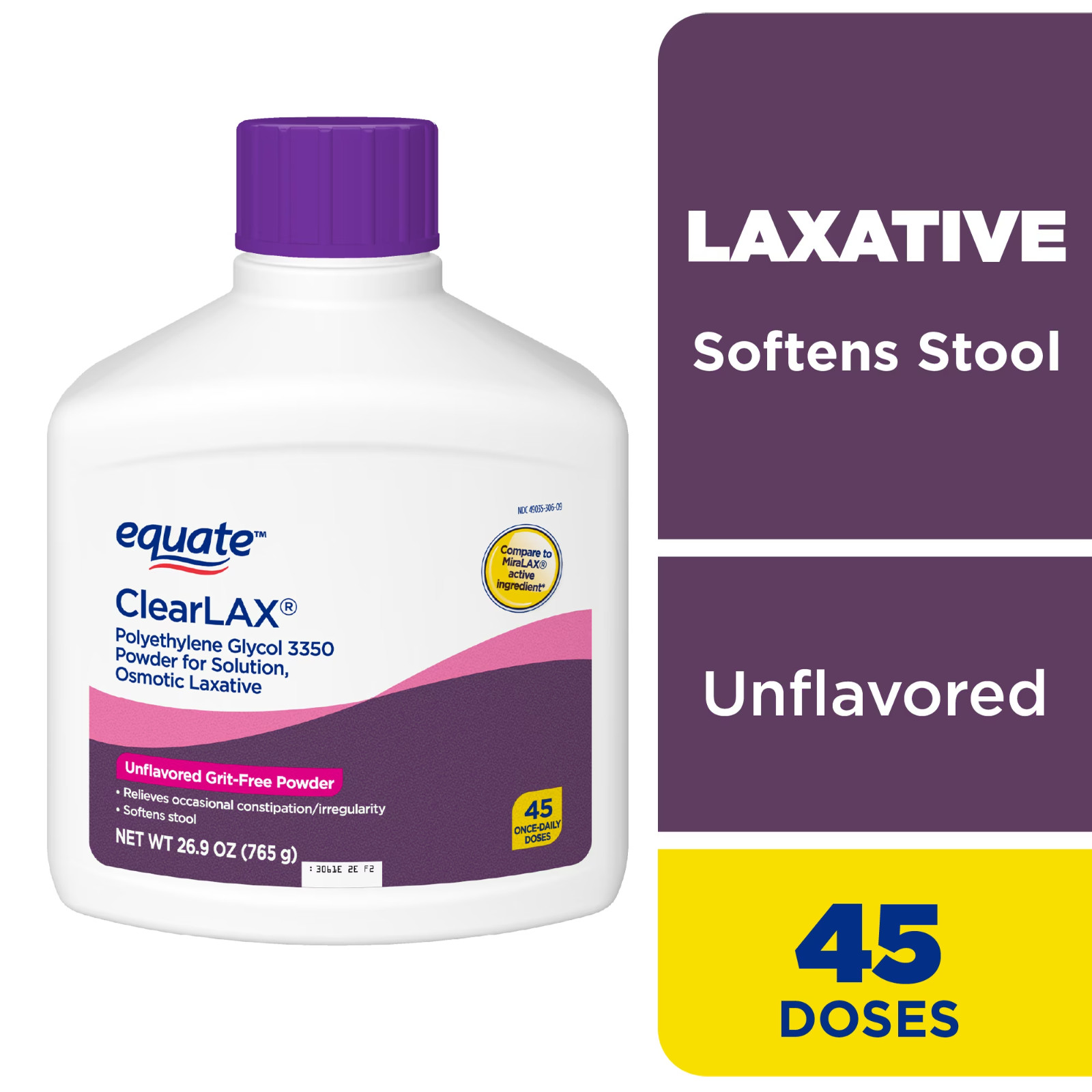 Equate ClearLAX Polyethylene Glycol 3350 Laxative 45 Doses Compare MiraLAX