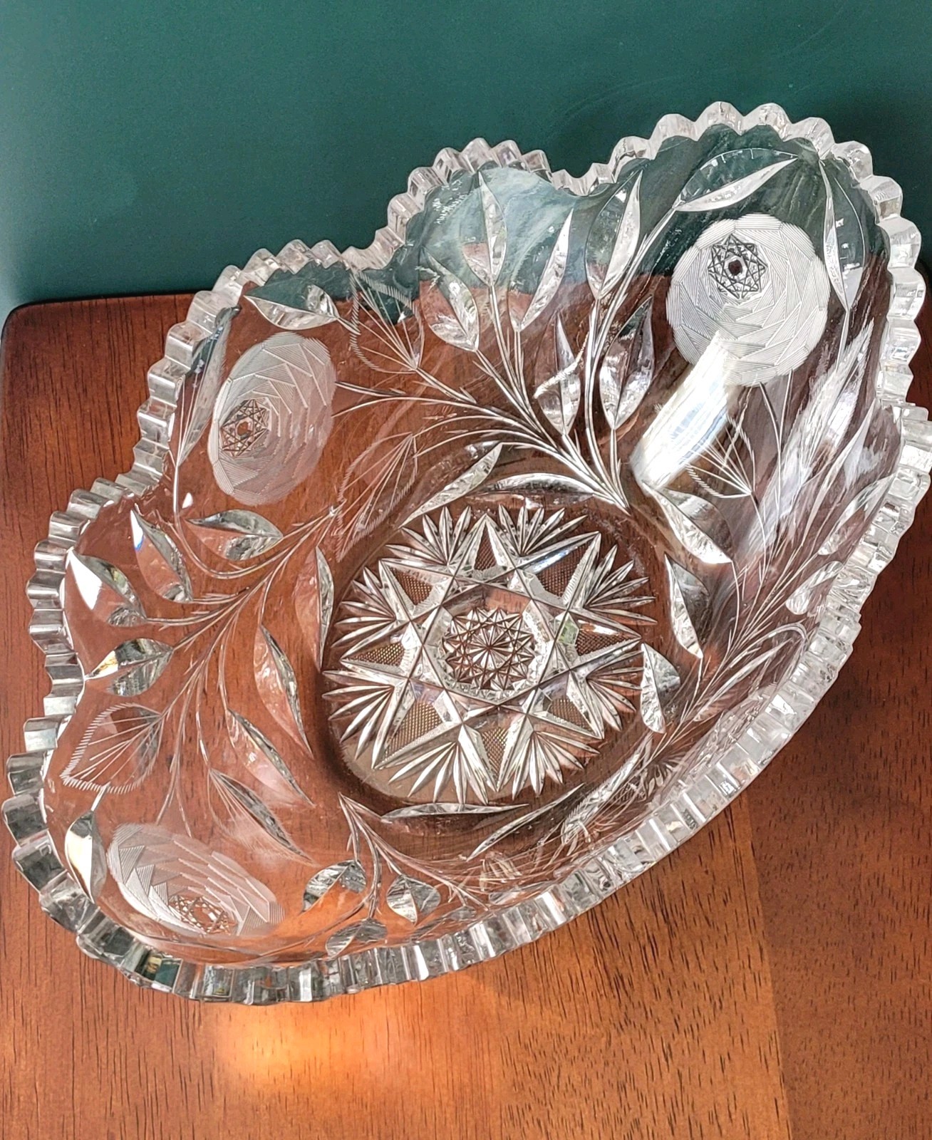 Antique American Brilliant Cut Glass Oval Centerpiece Bowl -White Rose Pattern Antique American Brilliant Cut Glass Oval Centerpiece Bowl -White Rose Pattern