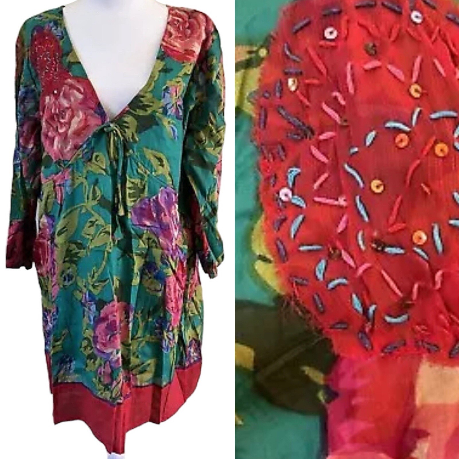 NWT Funky People Floral V Neck Tassle Tie Dress Coverup Whimsical Beachy XL NWT Funky People Floral V Neck Tassle Tie Dress Coverup Whimsical Beachy XL