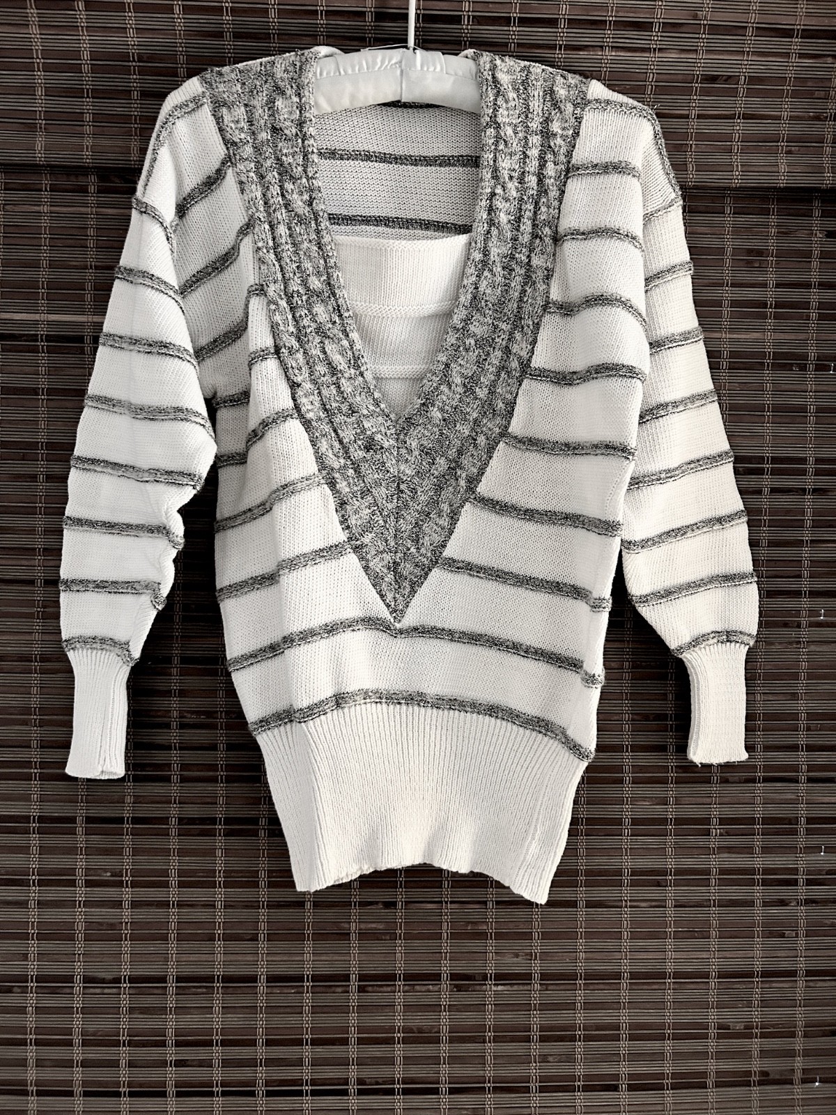 Vintage ESCADA Margaretha Ley Sweater, White & Metallic Gray, Sz. EU 34/SMALL Vintage ESCADA Margaretha Ley Sweater, White & Metallic Gray, Sz. EU 34/SMALL