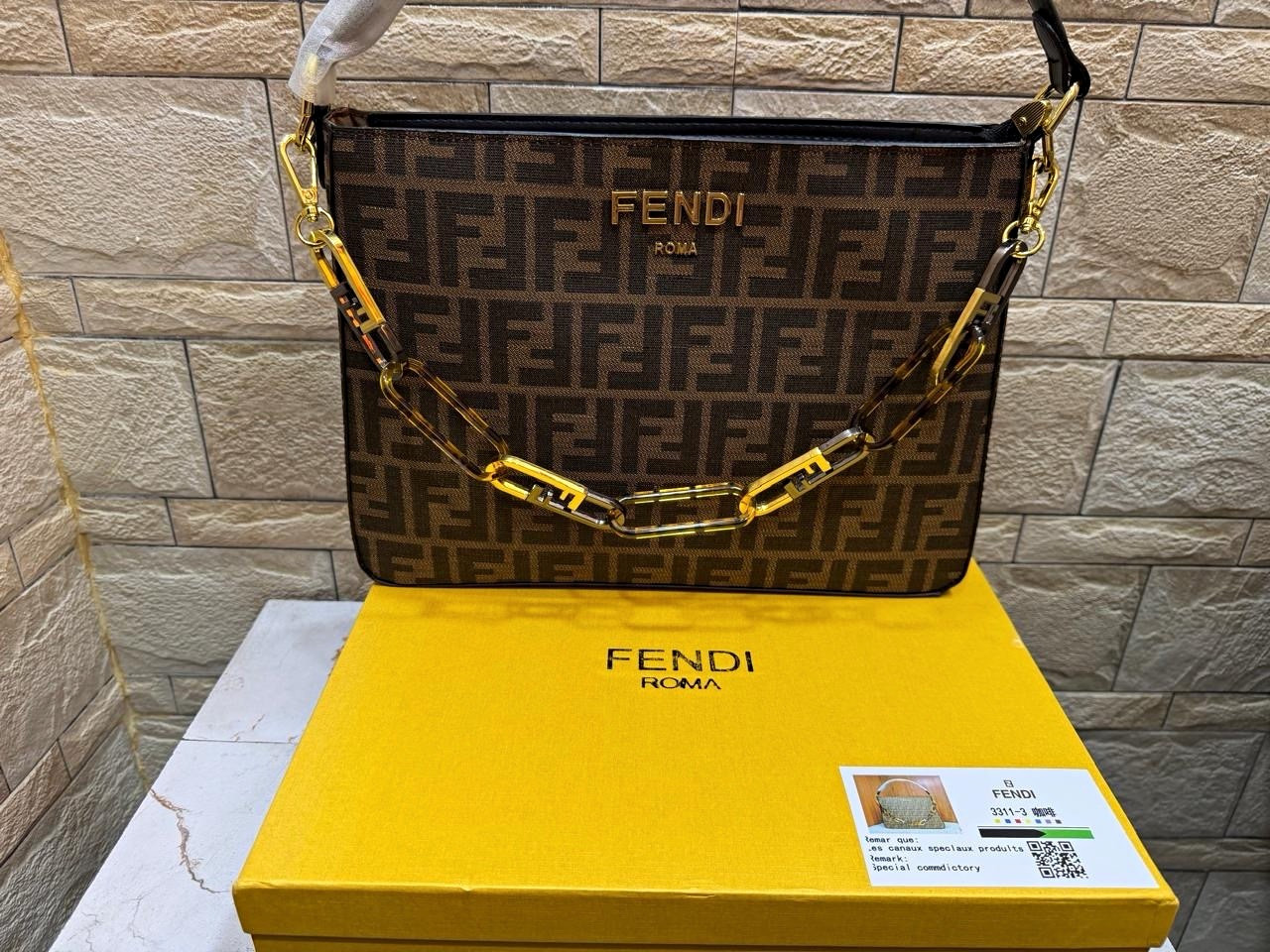 Brand new Fendi FF Brown Shoulder Bag Zip Top Gold Hardware Chain Strap Brand new Fendi FF Brown Shoulder Bag Zip Top Gold Hardware Chain Strap