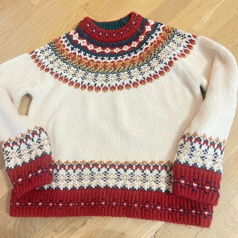 Zara Kids Classic Jacquard Fair Isle Sweater Cream Red Green Size 10