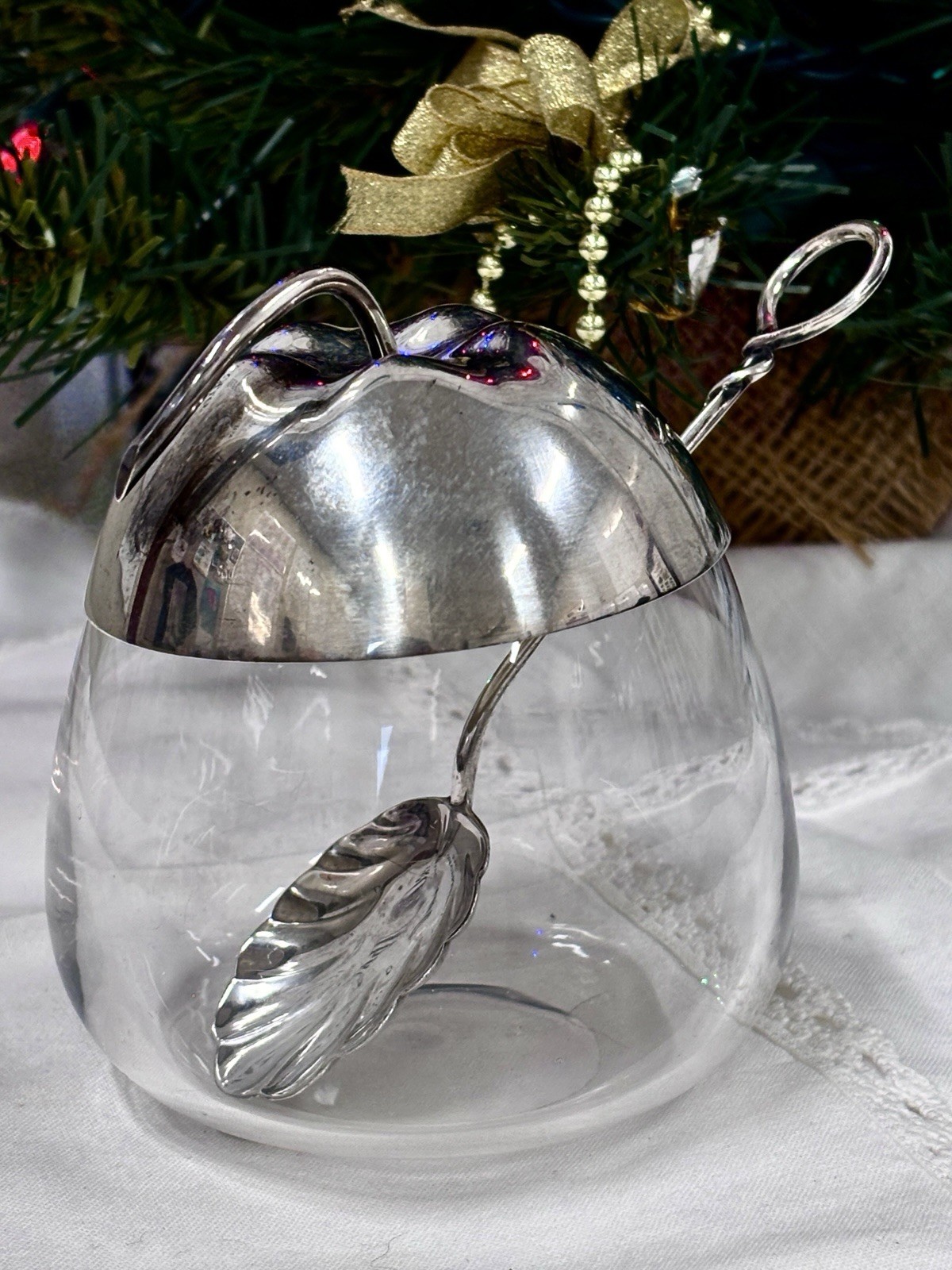 Vintage Gorham Sterling Silver & Glass Apple Jam Pot with Matching Shell Spoon.