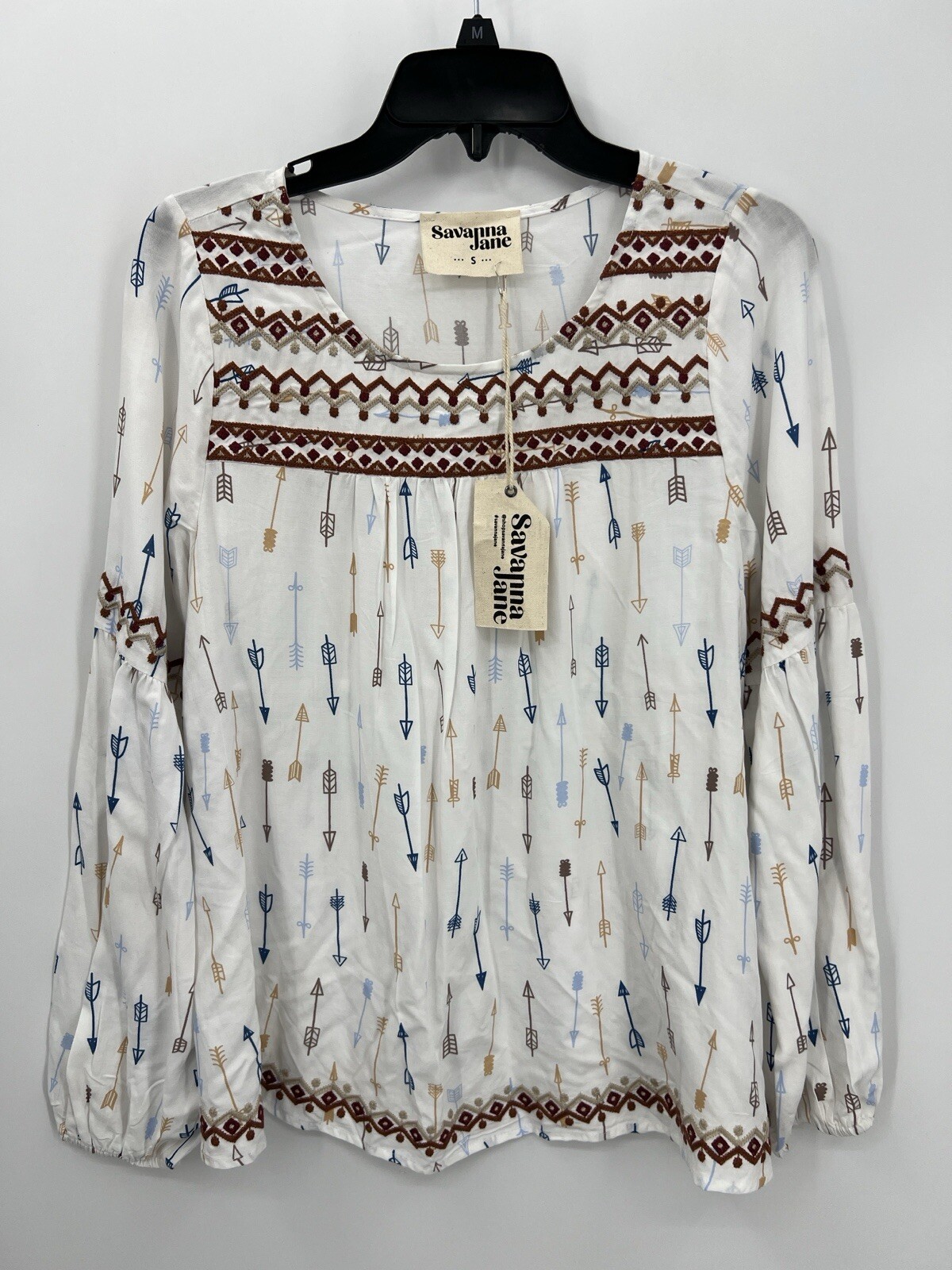 Savanna Jane Top Womens Small White Arrow Print Embroidered Boho Southwestern