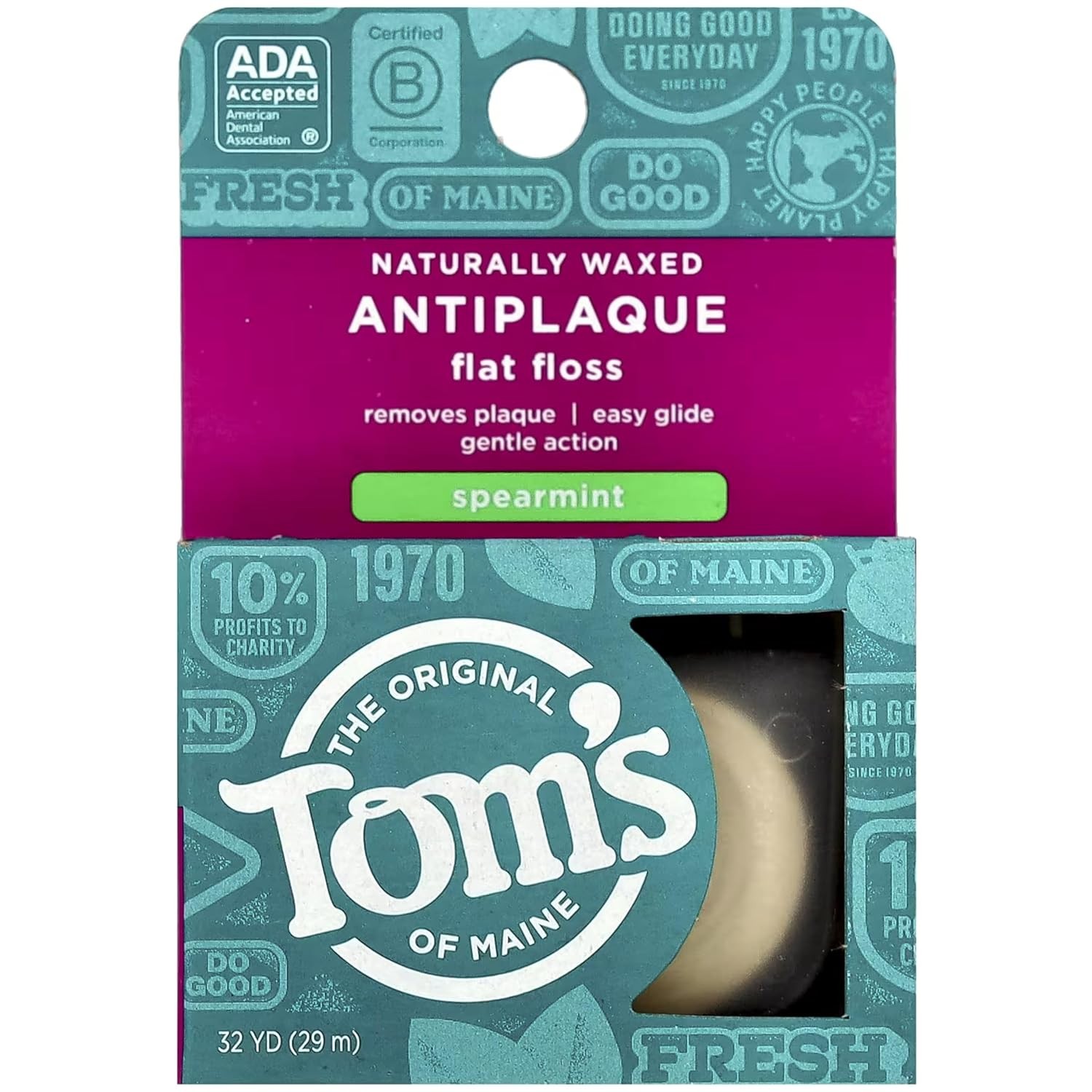 Tom\'s of Maine Naturally Waxed Antiplaque Flat Dental Floss, Spearmint, 32 Yards
