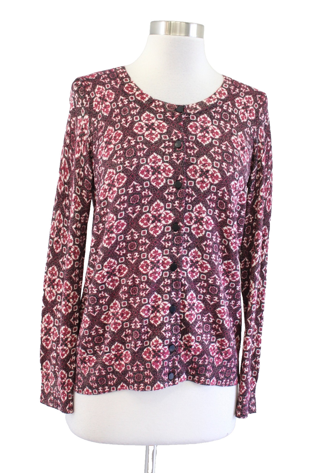 NWT Talbots Geometric Print Metallic Shimmer Cardigan Sweater Burgundy Size S NWT Talbots Geometric Print Metallic Shimmer Cardigan Sweater Burgundy Size S