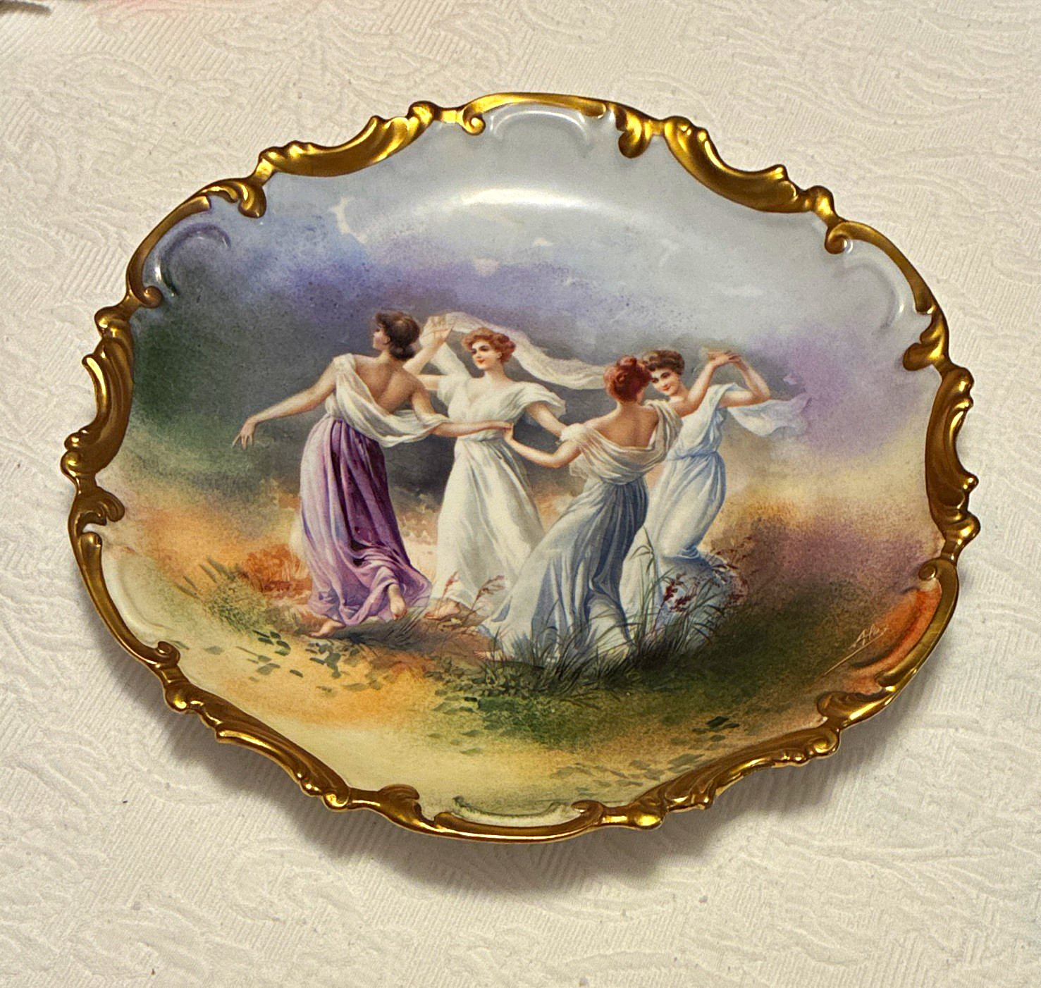 Antique Limoges Porcelain Plate Hand-painted Figural Scene Signed “Alex”-Gimbels