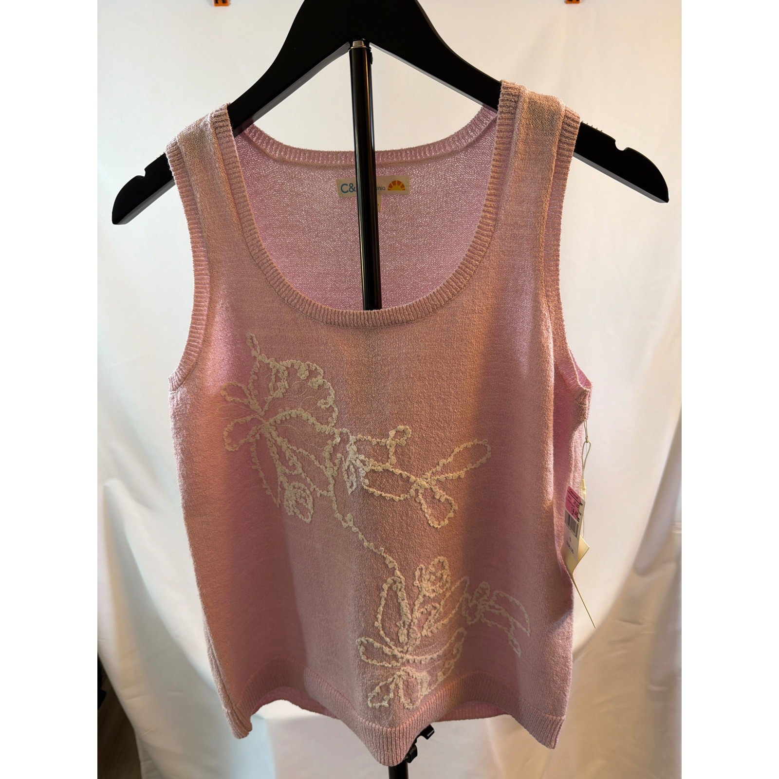 C&C California Pink Knit Tank Top Floral Embroidered Sweater Small NWT