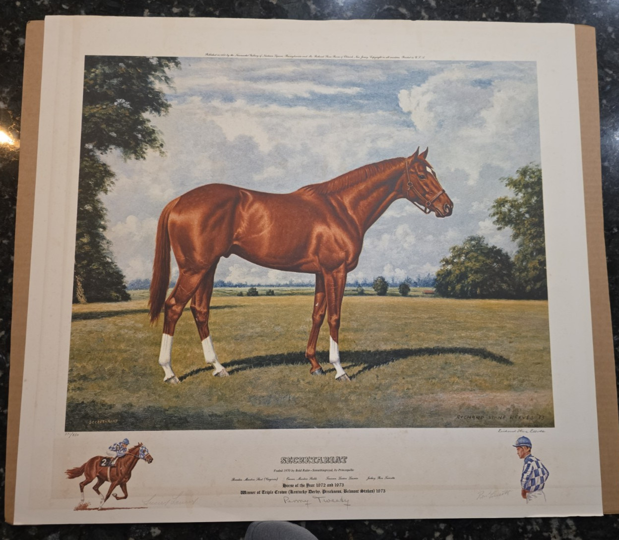 1973 Richard Stone Reeves Secretariat Print, Signed Turcotte, Laurin, Tweedy 1973 Richard Stone Reeves Secretariat Print, Signed Turcotte, Laurin, Tweedy