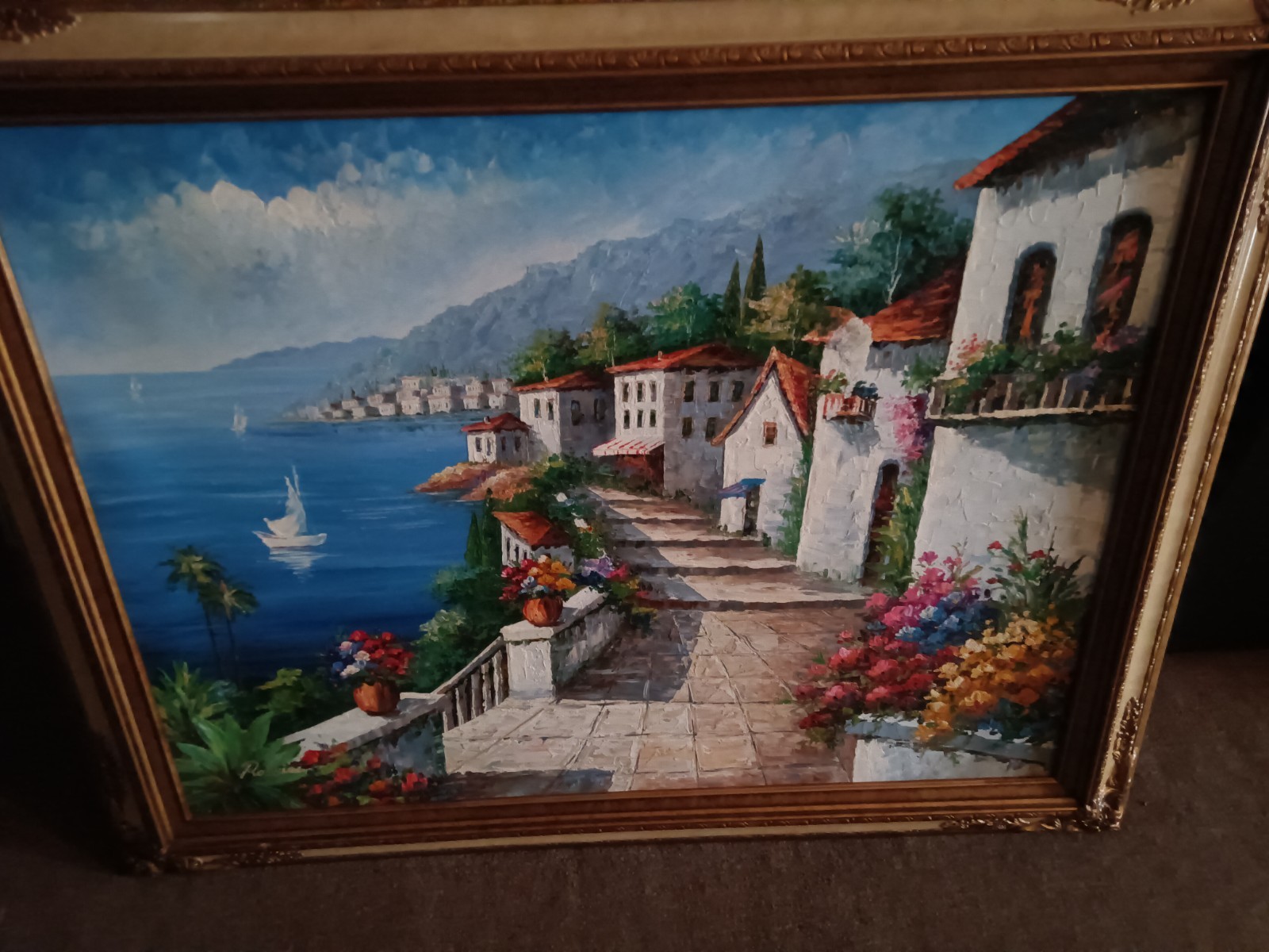 Original Signed Rossini Oil Painting Canvas Costal Italian Villa Design  Framed