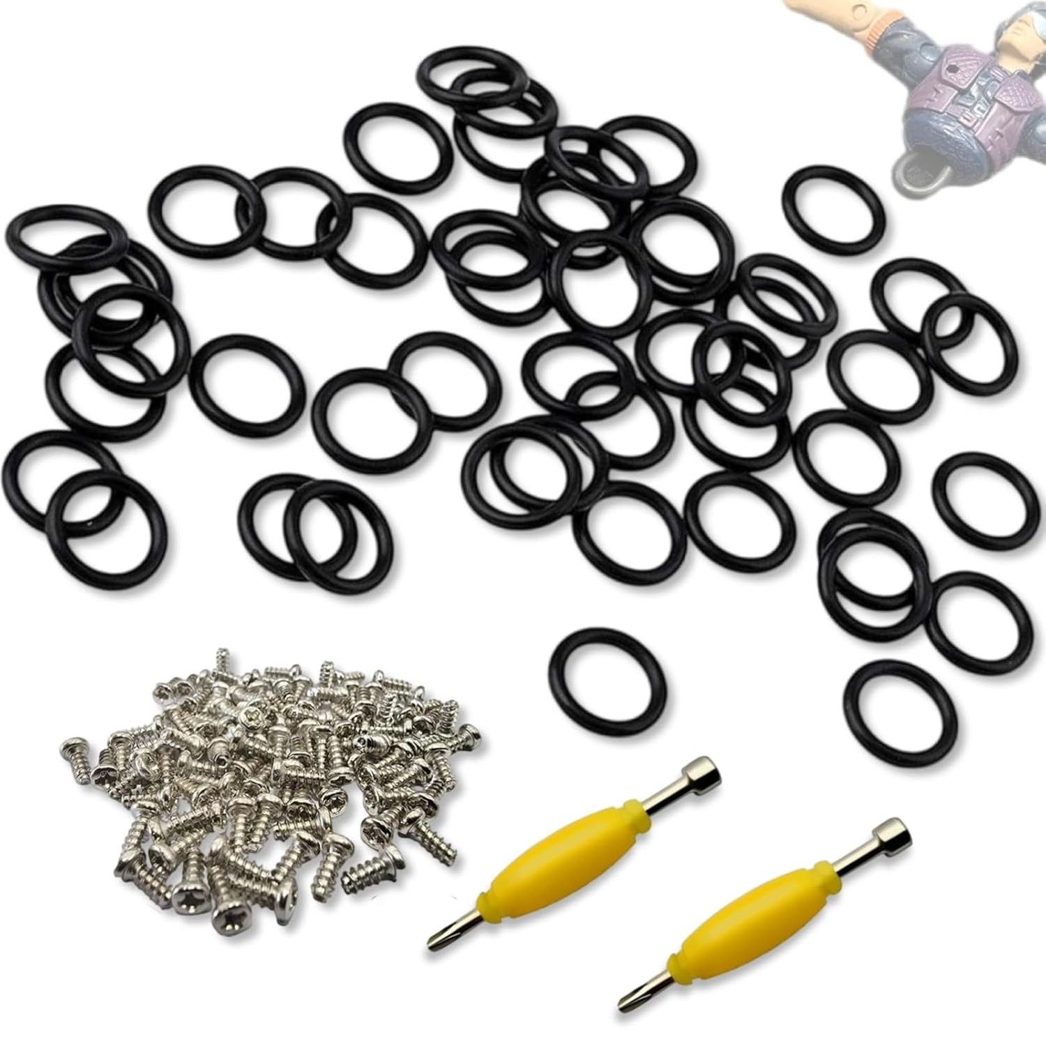 50 Pack GI Joe O-Rings, 100 Screws & 2 Spanners Vintage Action Figure Repair Kit 50 Pack GI Joe O-Rings, 100 Screws & 2 Spanners Vintage Action Figure Repair Kit
