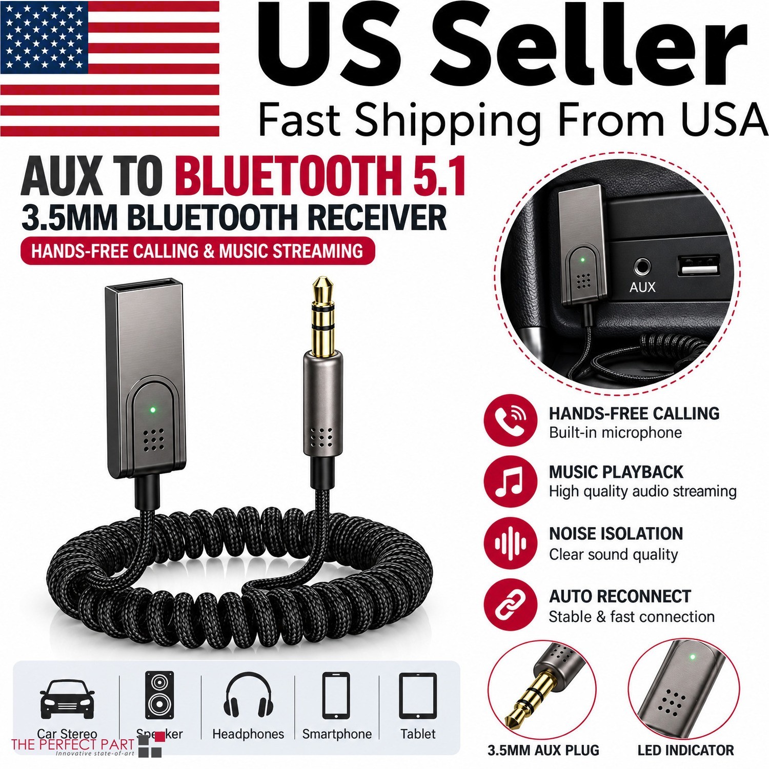 AUX To Bluetooth 5.1 Adapter 3.5mm Bluetooth Receiver Microphone For Car Stereo