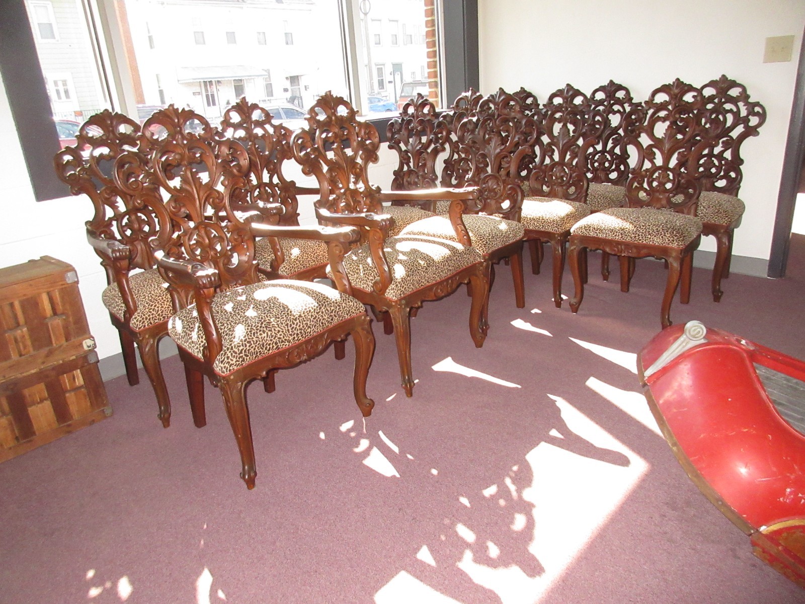 12 CHAIRS ORNATE CARVED MAHOGANY  ROCOCO FOLIATED DOG FOOT 1930\'s