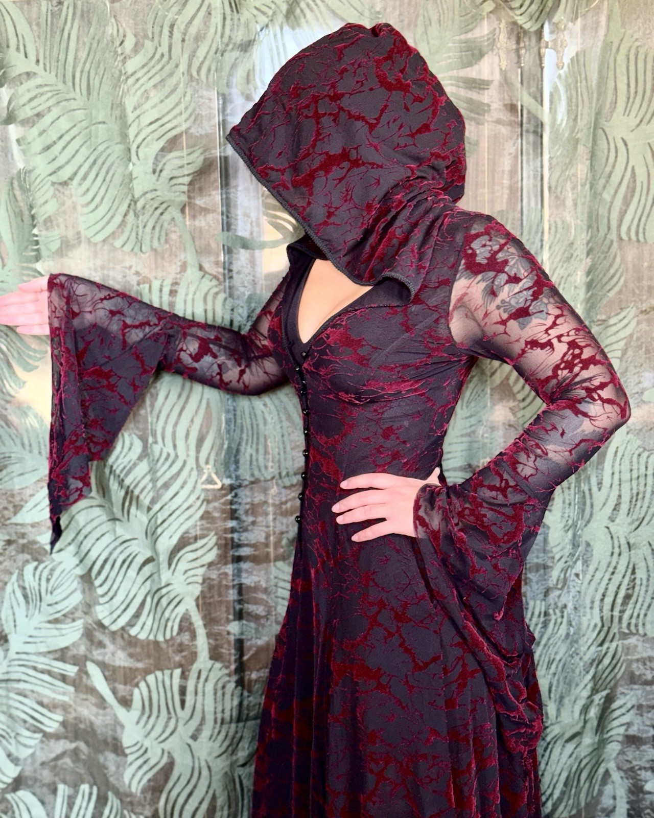 Rare Archival Punk Rave Red & Black Flocked Velvet Hooded Gothic Dress M/L
