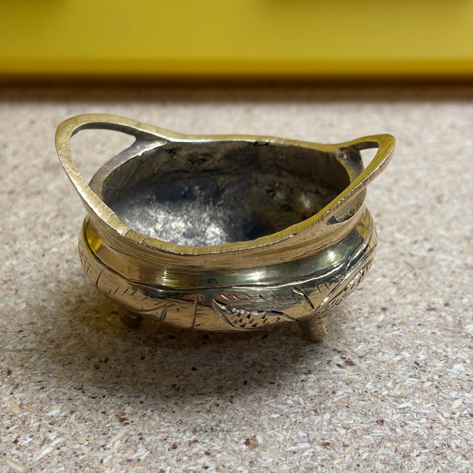 Vintage Chinese Brass Tripod Censer Mini Bowl Etched Floral 3 Legged Handled Vintage Chinese Brass Tripod Censer Mini Bowl Etched Floral 3 Legged Handled