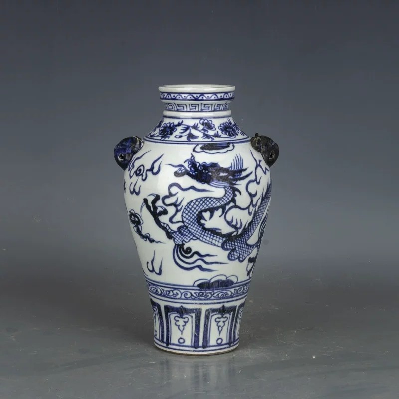 Antique Chinese ‌Yuan Dynasty Blue-and-white Porcelain Jar with Dragon Motif