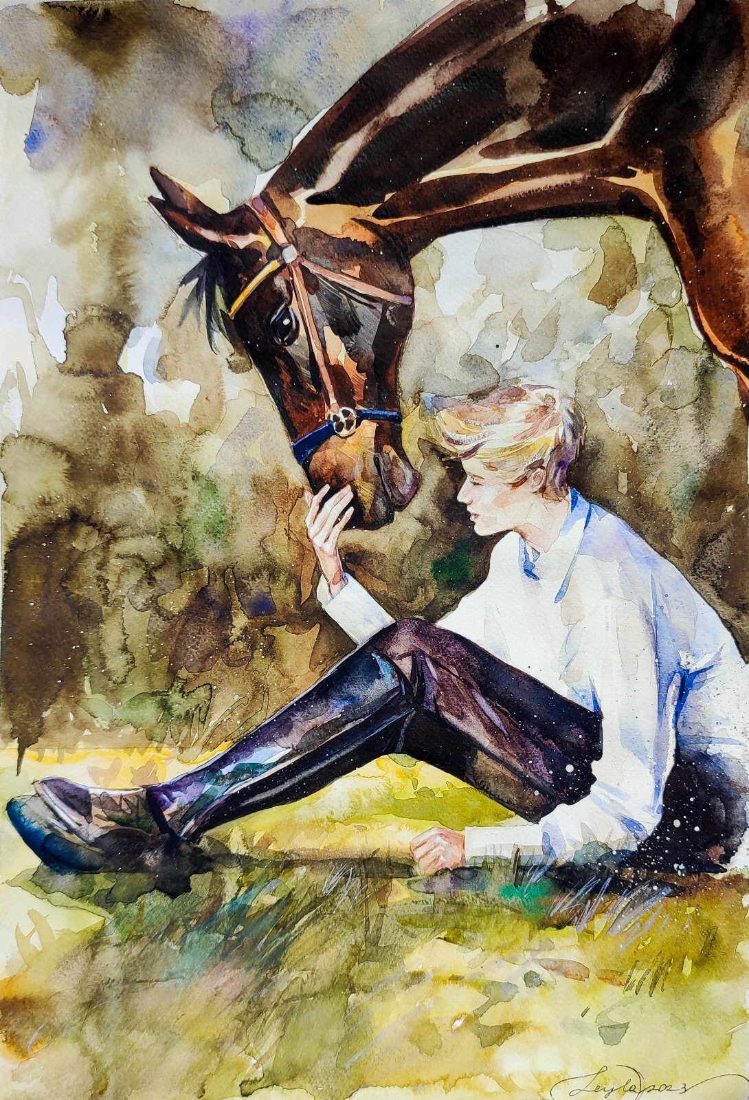 Original Watercolor Painting Boy with Horse Painting  Horse Wall Art