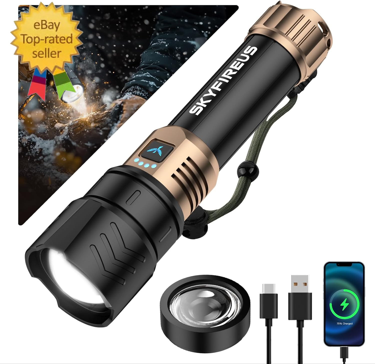 LED Flashlights High Lumens with Ignition Lens,3000Lm Super Bright Rechargeable