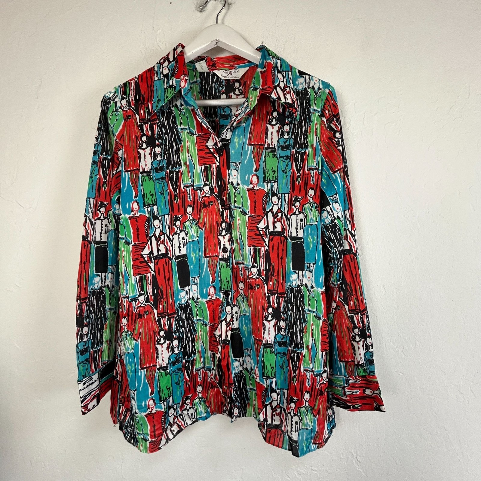 1970s Vintage Mr. Alex Colman Novelty Art People Print Button Down Disco Shirt