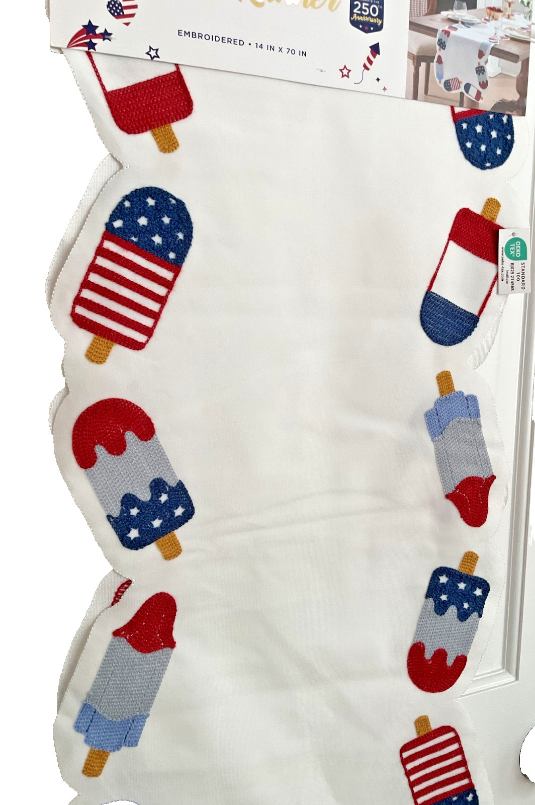 ENVOGUE TABLE RUNNER (1) PATRIOTIC POPSICLES SCALLOPED 14 X 70 IN POLYESTER NWT